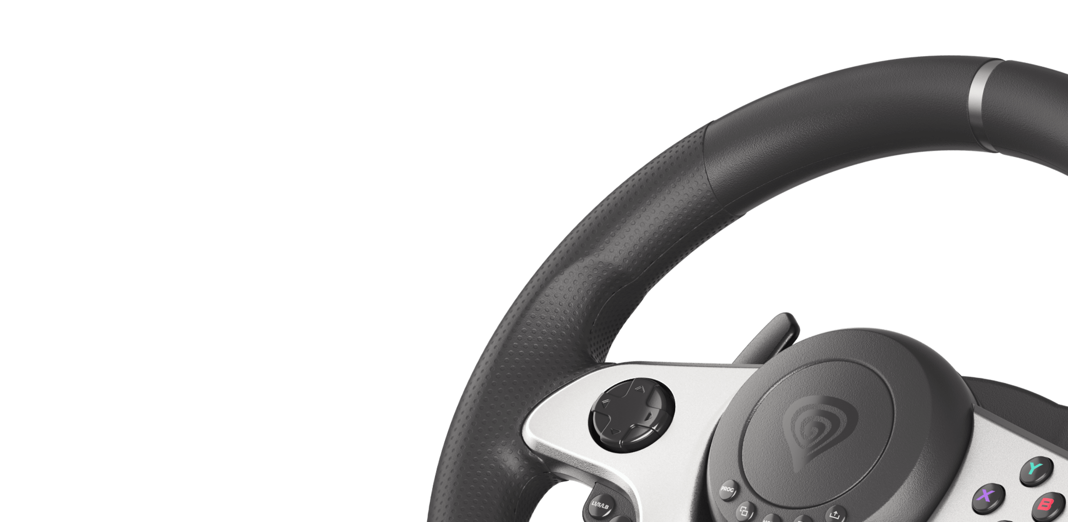 Volant de course pour PC et consoles doté d'une poignée texturée et de boutons pour un meilleur contrôle du jeu.