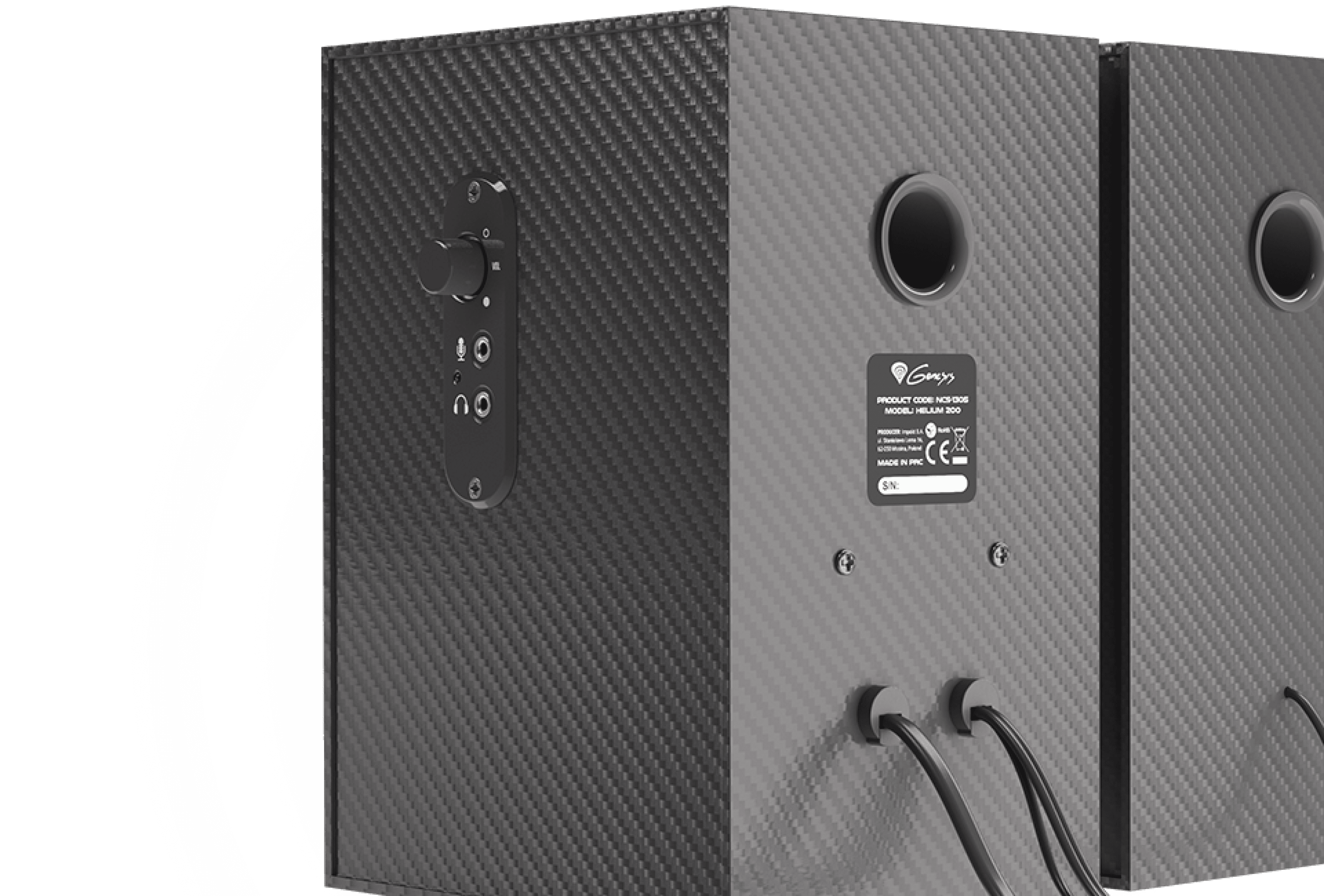 Enceintes Genesis Helium 200 2.0 noires présentant une finition texturée, un panneau de commande et des connexions arrière.