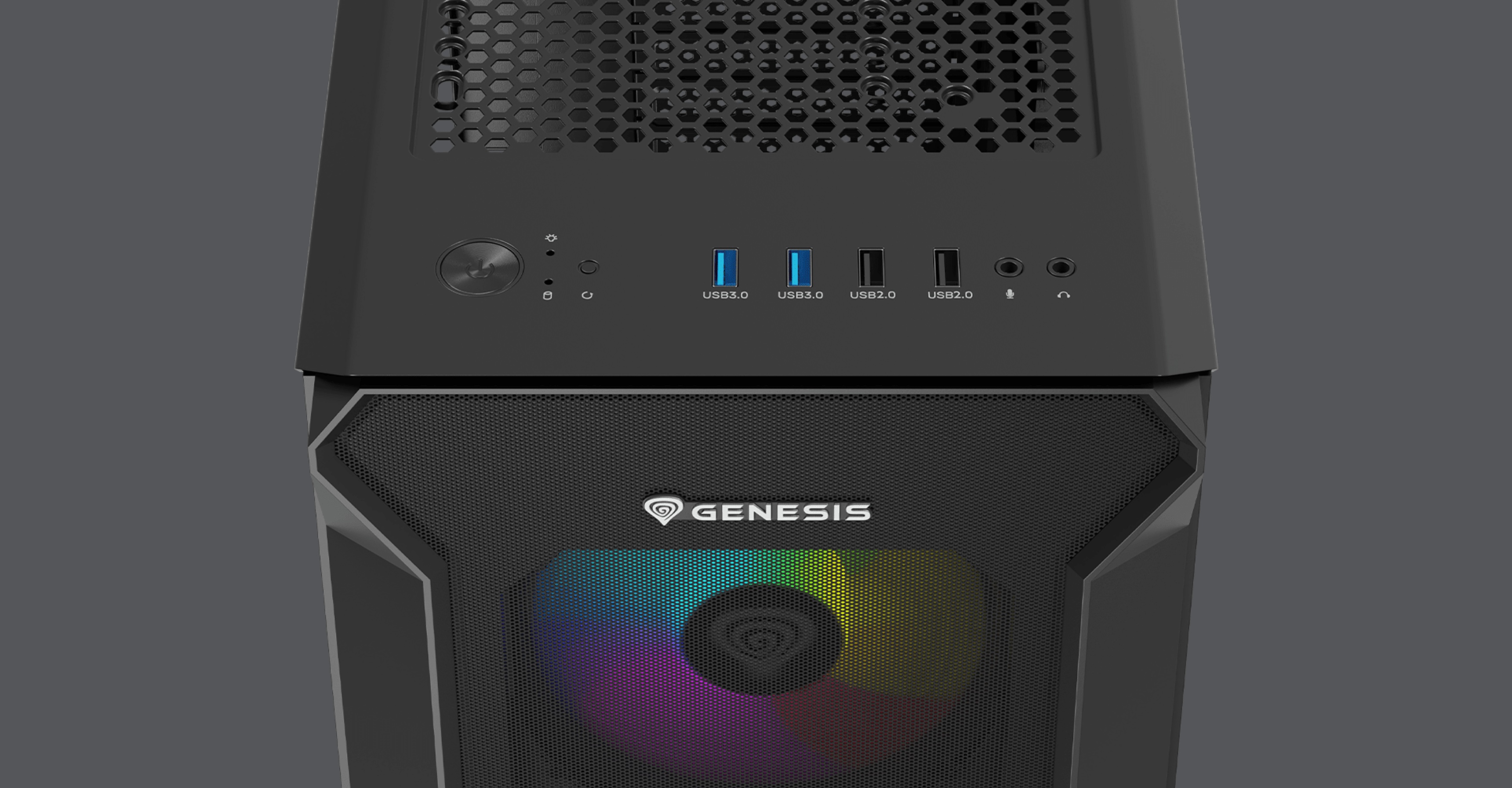 Boîtier tour MIDI Genesis Irid 505 ARGB V2 noir avec panneau avant transparent et éclairage RVB. Dispose de ports USB et d'un bouton d'alimentation sur le dessus