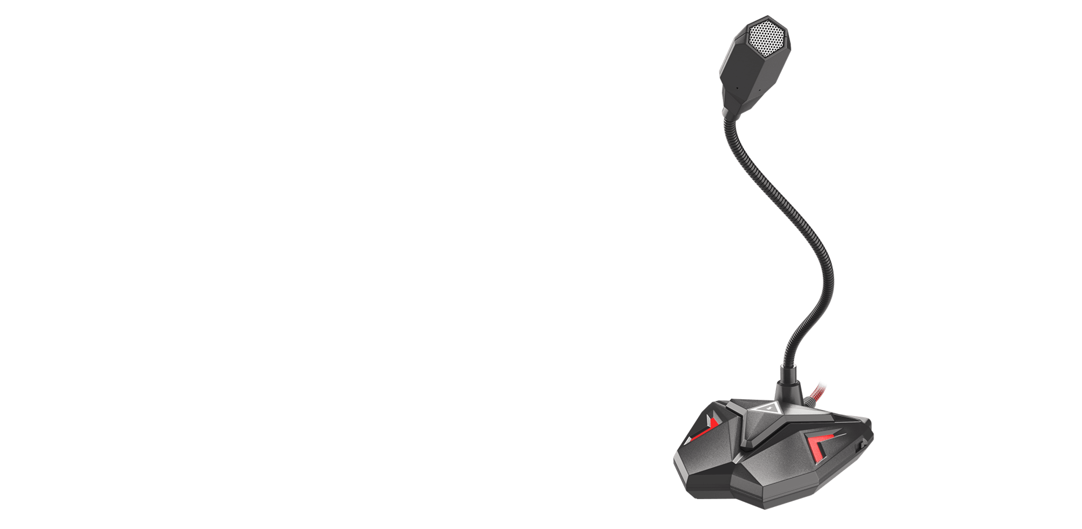 Microphone noir avec un cou flexible et une base aux accents rouges, conçu pour les jeux ou le streaming.