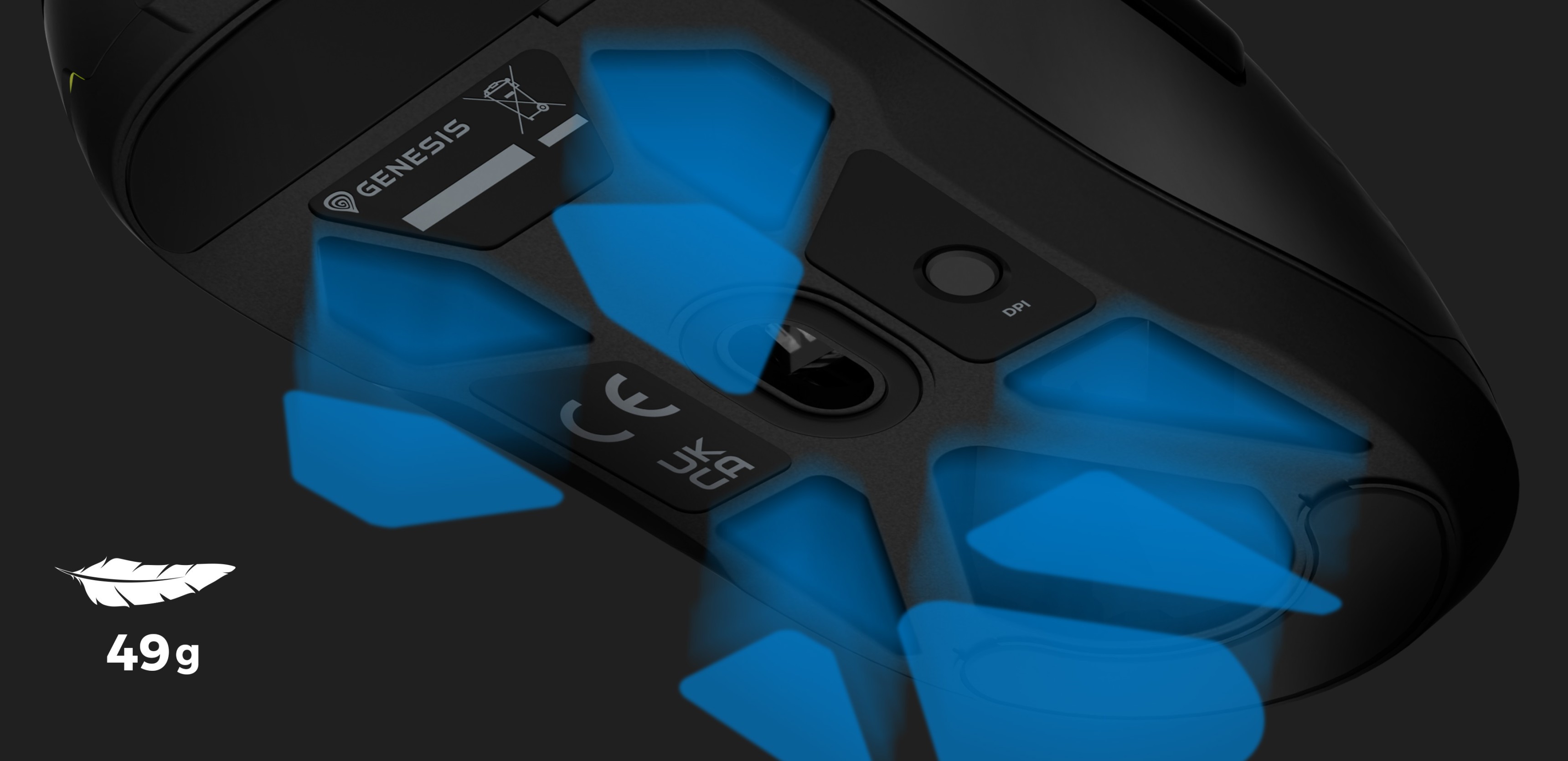 Souris de jeu Genesis Krypton 660 noire dotée d'un éclairage RVB, de 12000 DPI et d'un design léger avec des pieds surlignés en bleu.