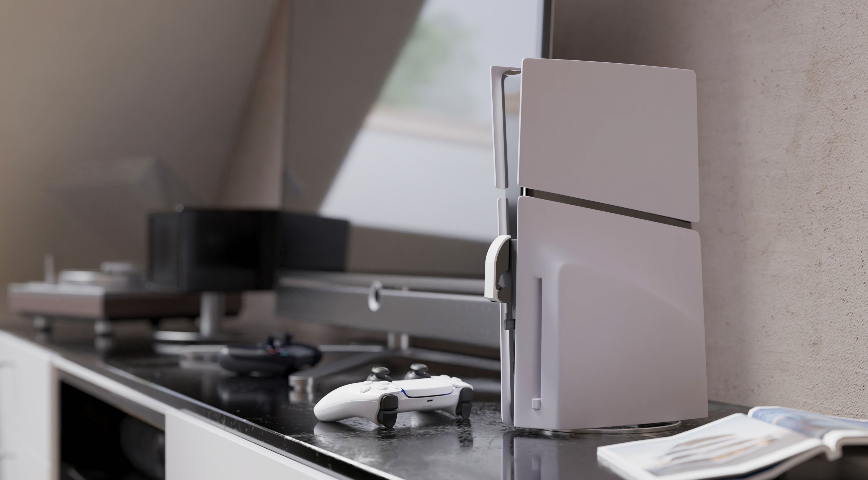 Chargeur pour manettes de jeu Genesis Tin 305, conçu pour PS5 Slim, placé à côté d'une console de jeu sur une surface épurée.