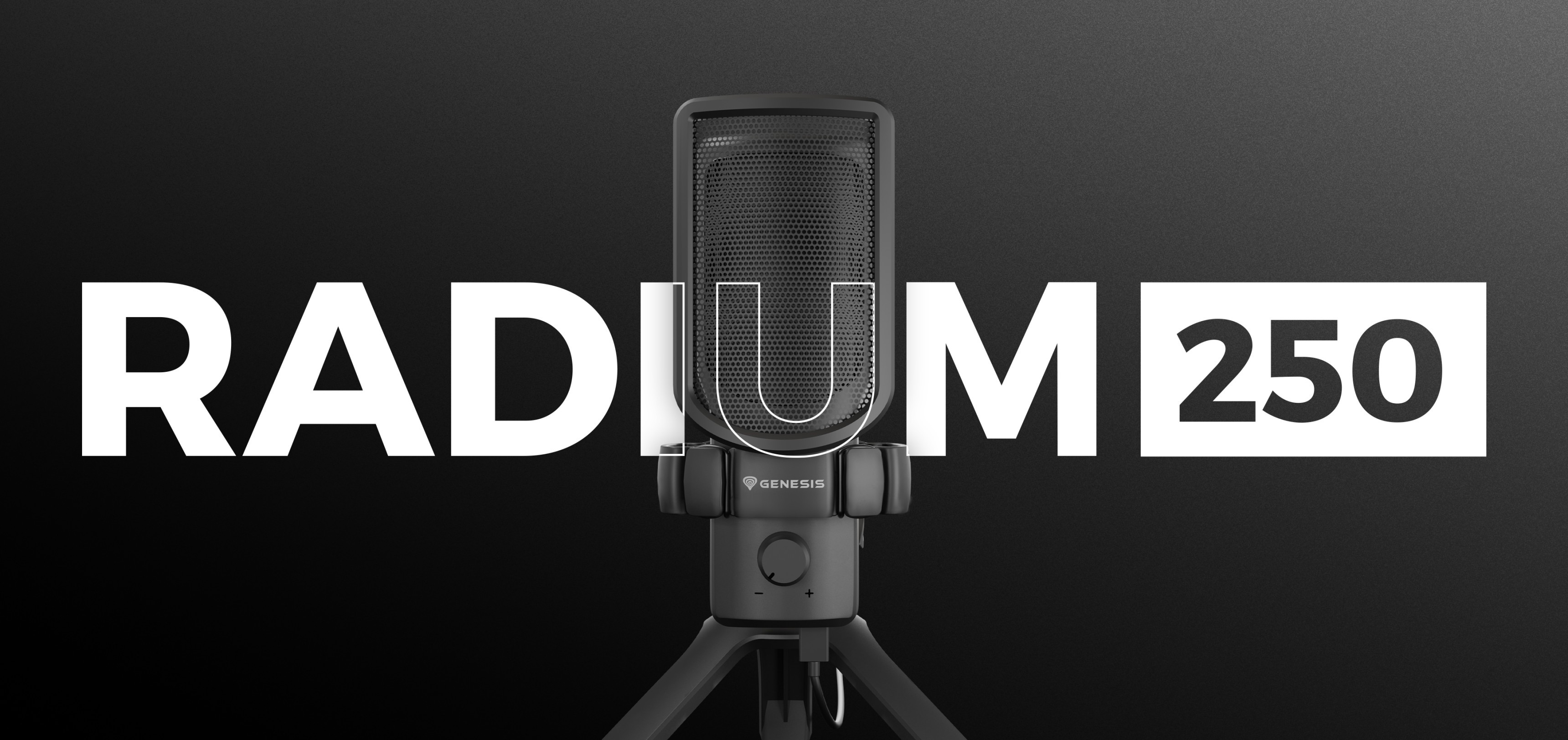 Microphone USB noir Genesis Radium 250 avec un support de trépied, affiché à côté du texte "RADIUM 250".