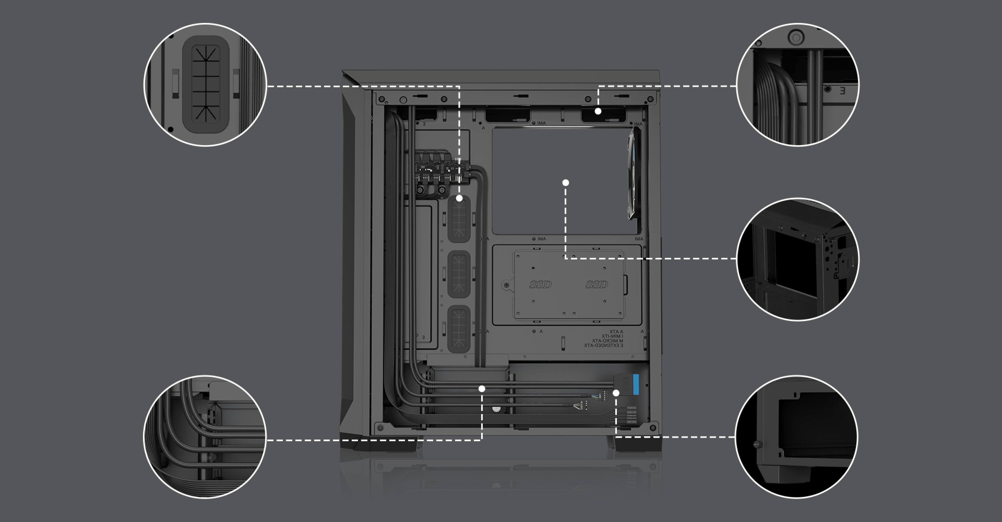 Boîtier tour MIDI Genesis Irid 505 ARGB V2 noir avec panneau latéral transparent et caractéristiques intérieures mises en évidence.