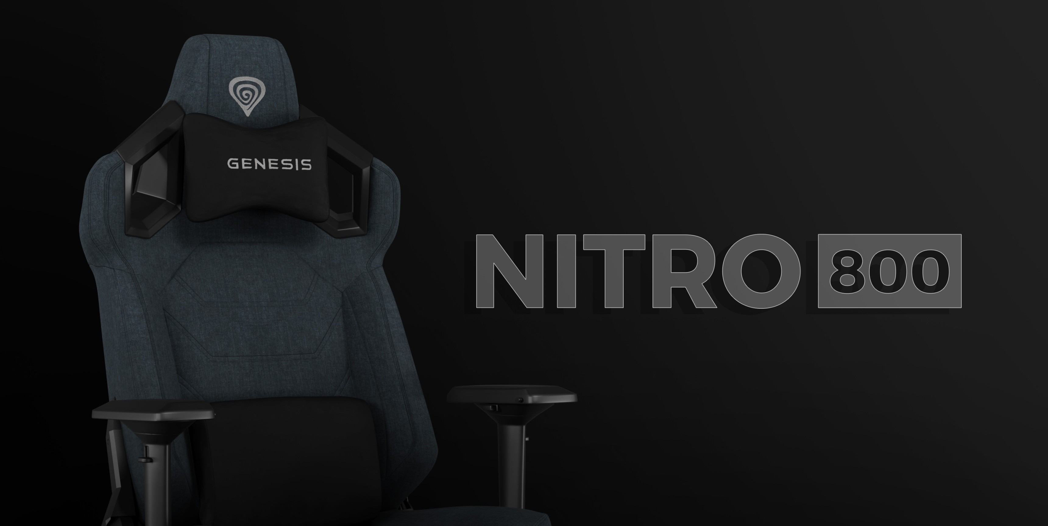 Chaise de jeu grise au design ergonomique, arborant le logo Genesis et des accoudoirs réglables, sur fond sombre.