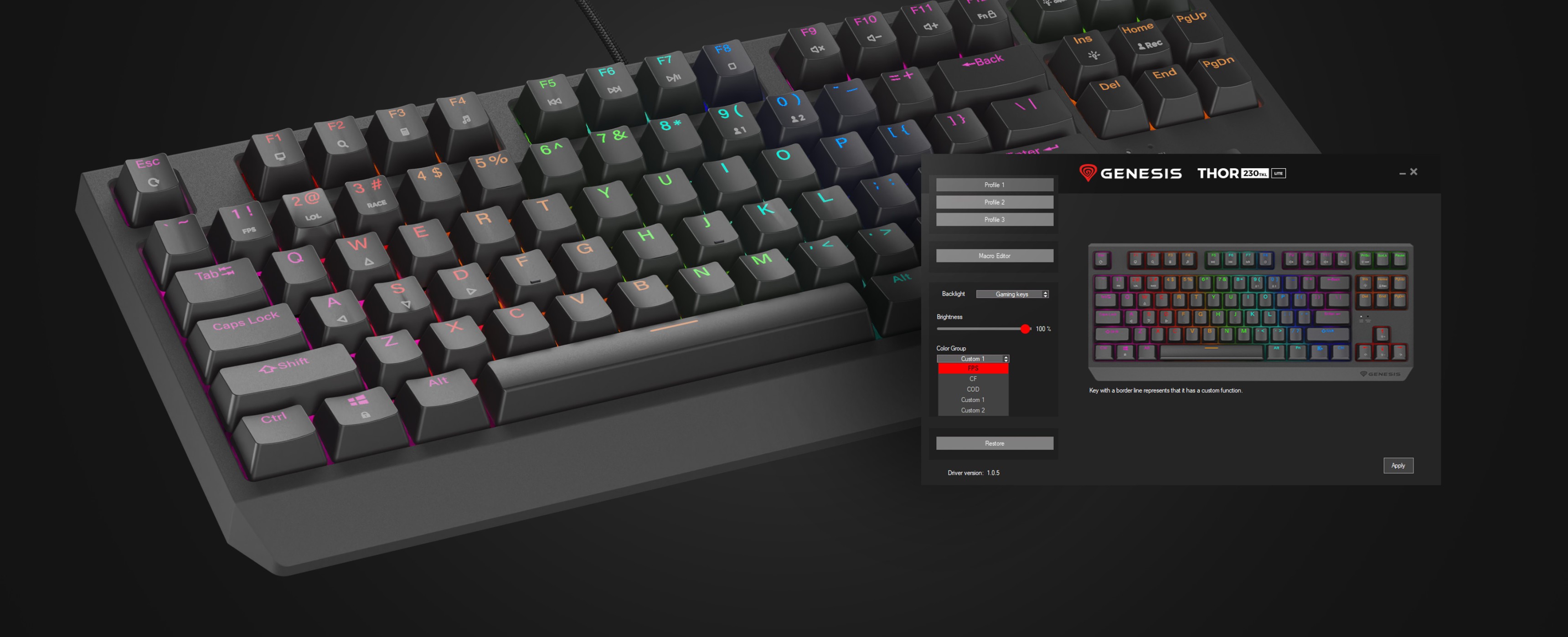 Clavier de jeu mécanique Genesis Thor 230 TKL Lite avec éclairage RVB personnalisable et interface logicielle affichée.