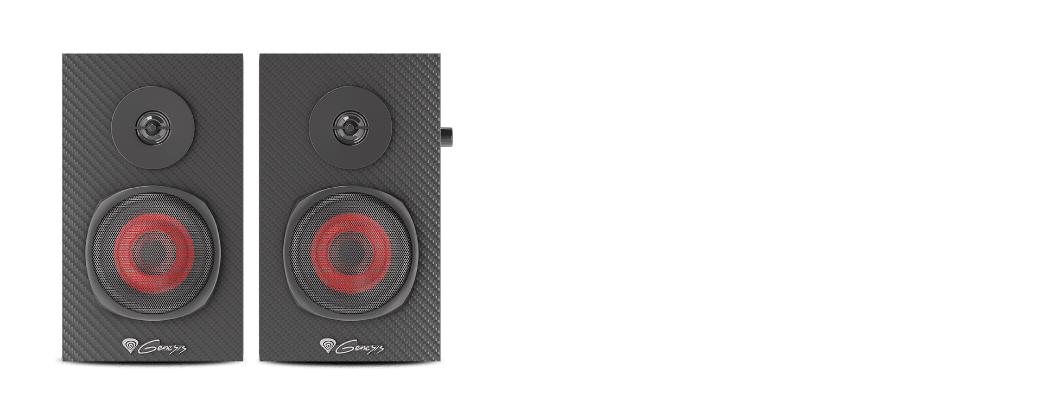 Enceintes Genesis Helium 200 2.0 noires au design épuré avec des accents rouges et des surfaces texturées.