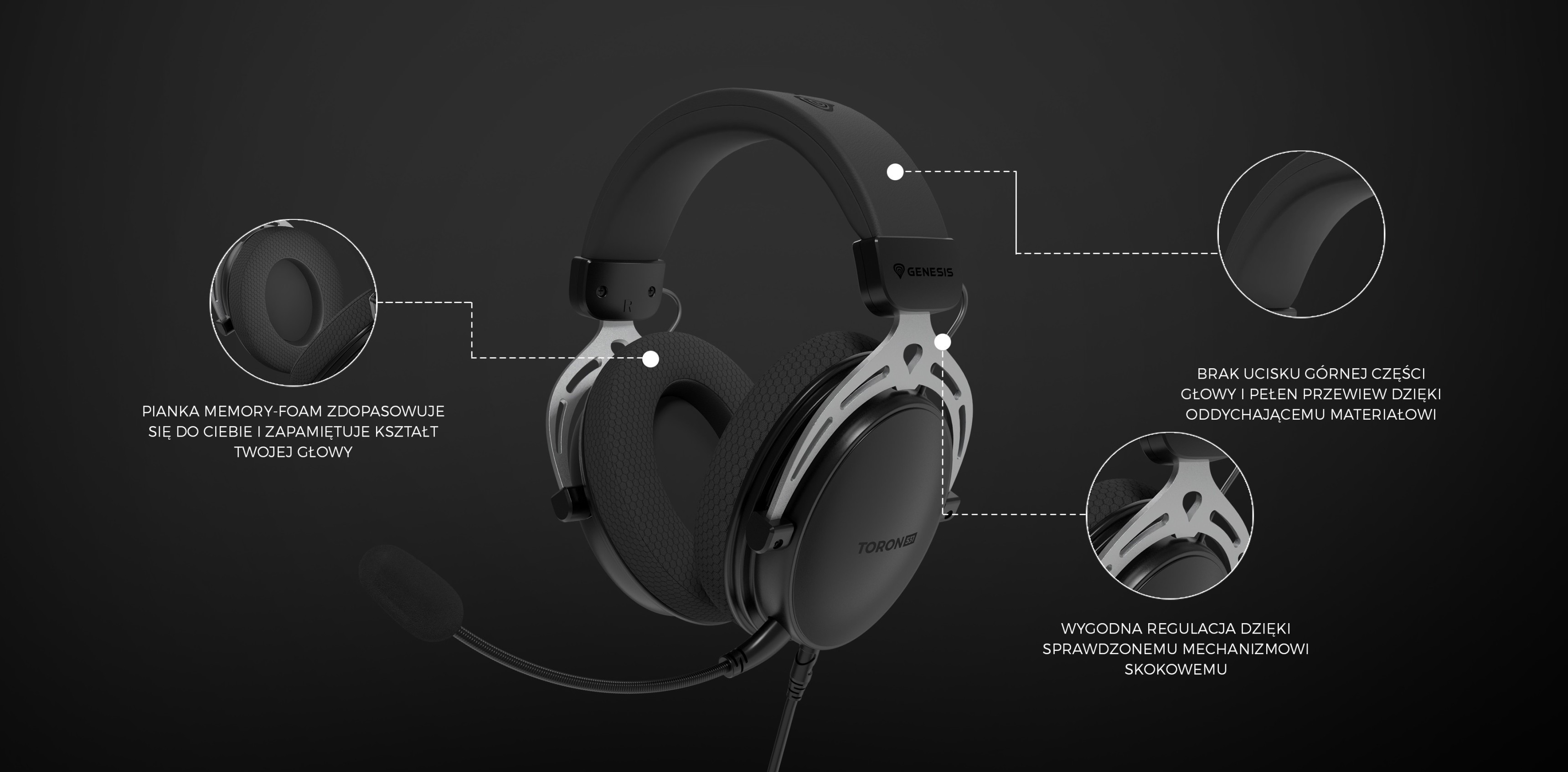 Casque d'écoute supra-auriculaire Genesis Toron 531 noir avec microphone, doté de coussinets souples et d'un design réglable.