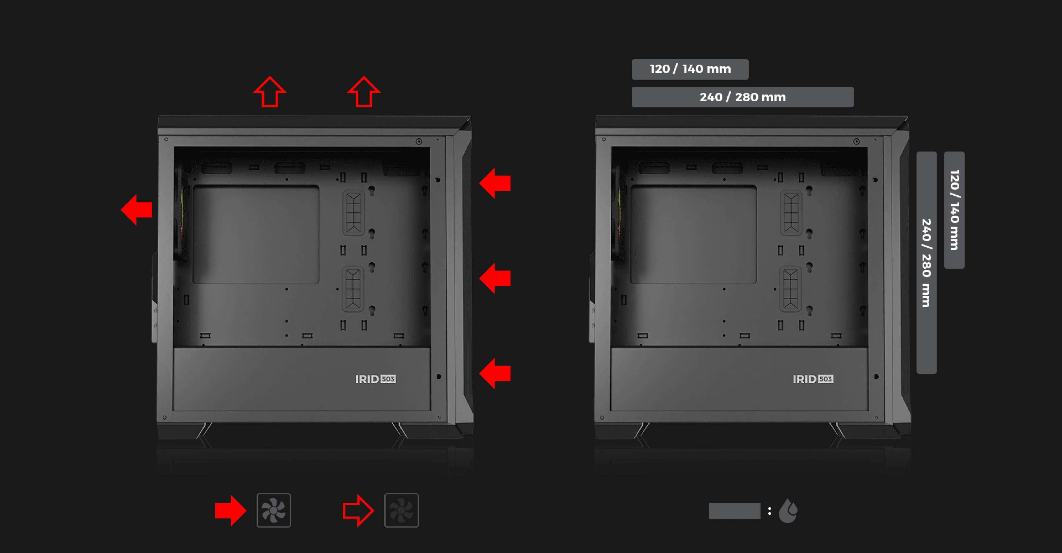 Boîtier mini tour noir avec panneau latéral en verre trempé, montrant la disposition interne et les options de refroidissement pour les ventilateurs et les radiateurs.
