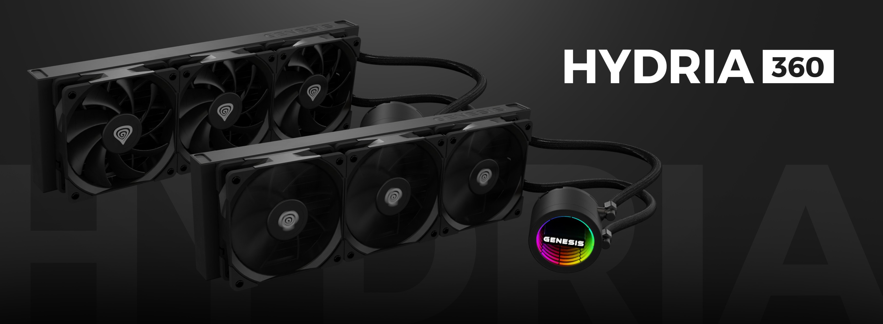 Système de refroidissement à eau Genesis Hydria 360 noir avec trois ventilateurs et une pompe au design épuré.