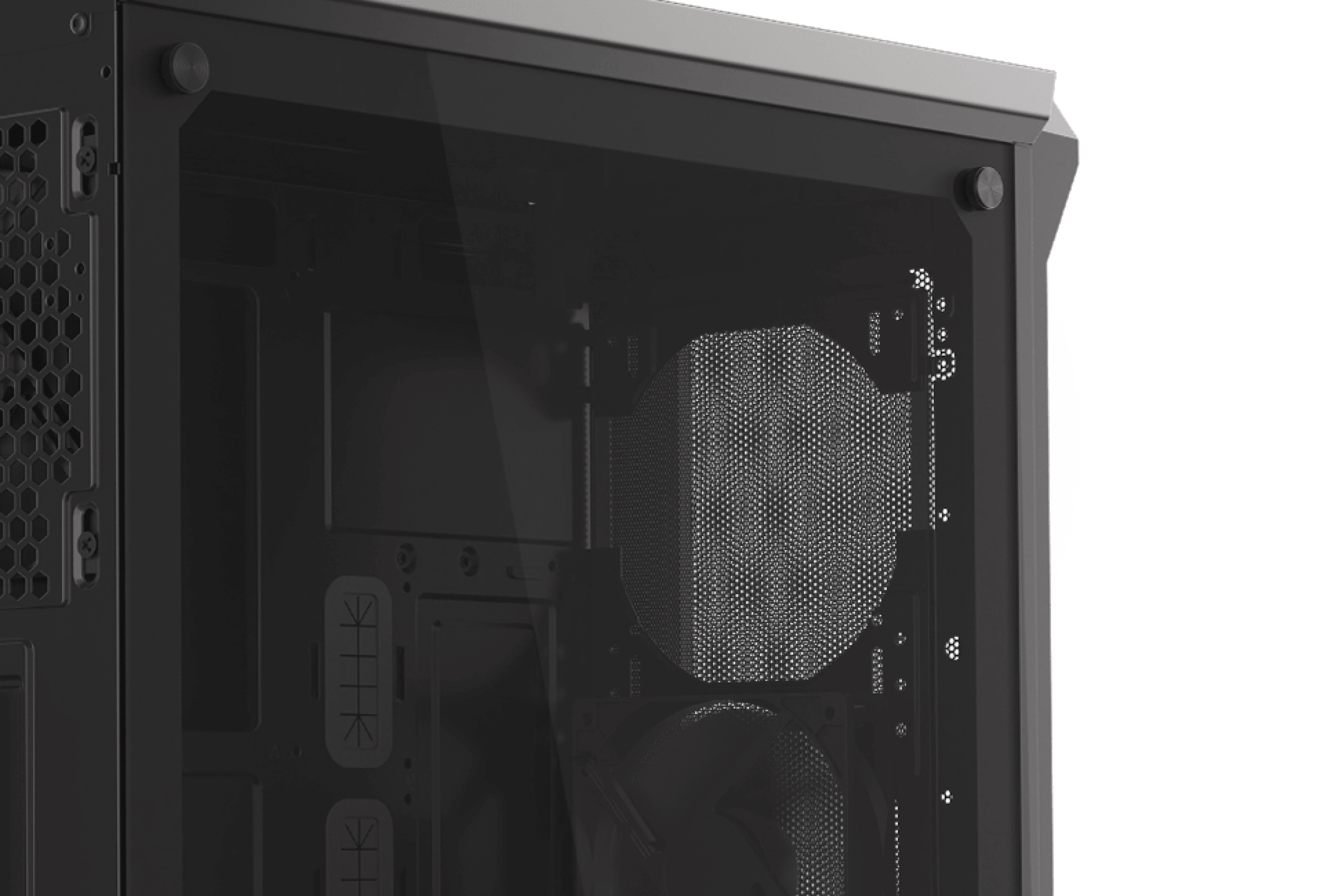 Boîtier tour MIDI Genesis Irid 505 V2 noir avec une fenêtre latérale transparente et un design en maille pour la circulation de l'air.