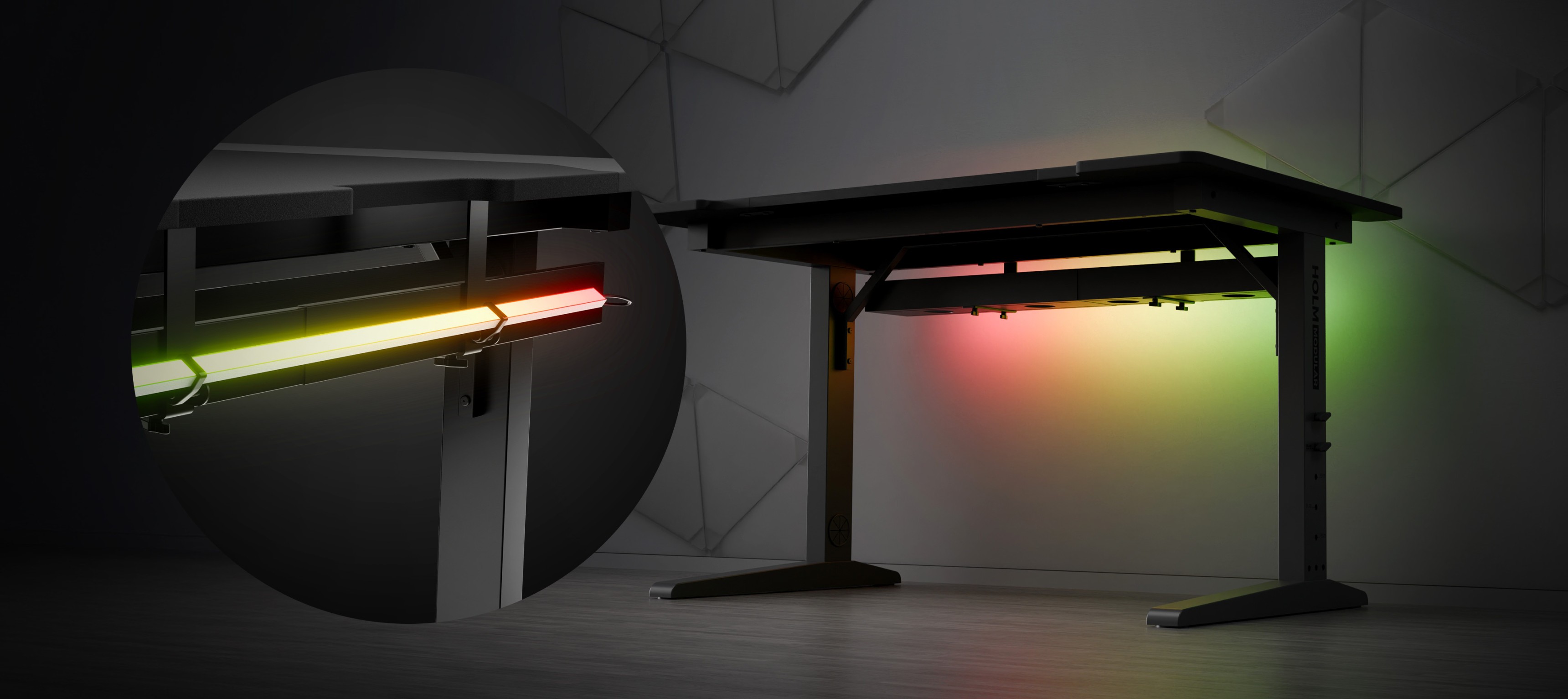 Bureau de jeu modulaire avec hauteur réglable et éclairage LED aux accents rouges, verts et jaunes. Design épuré adapté aux configurations de jeu.