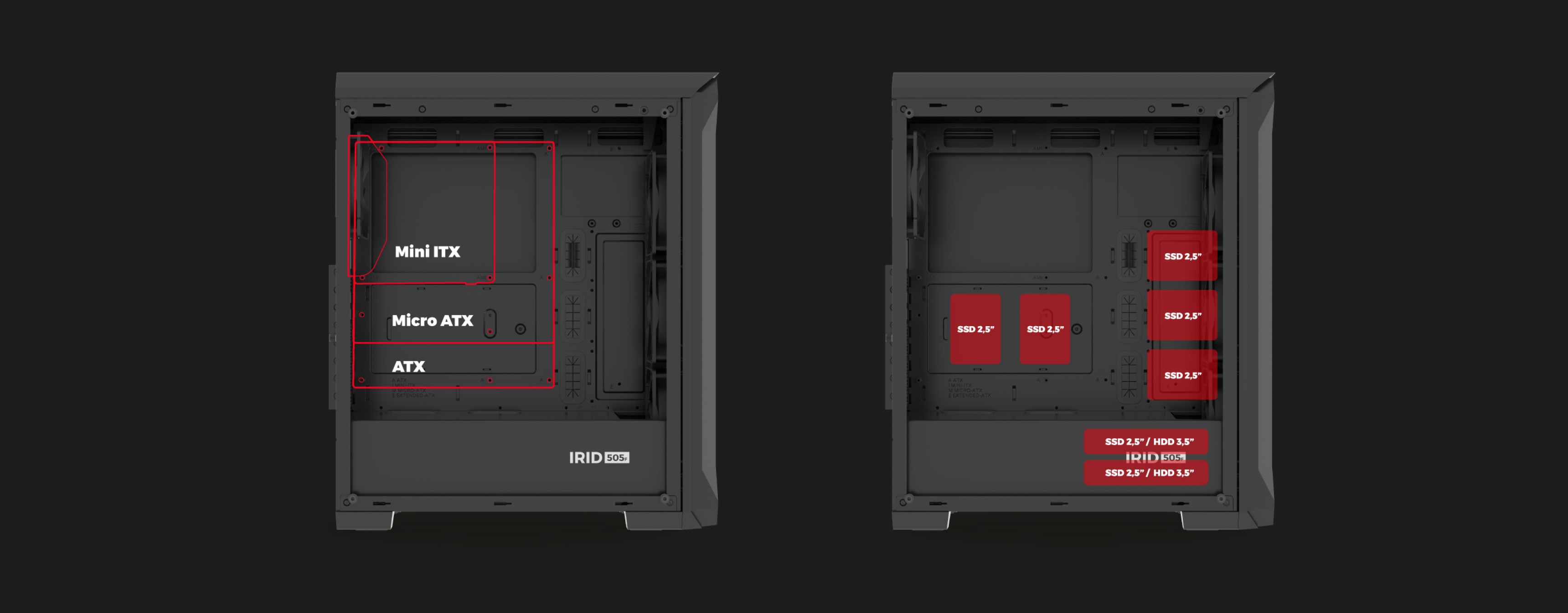Schéma du boîtier Genesis Irid 505F Midi Tower, montrant les tailles de cartes mères compatibles et la disposition.