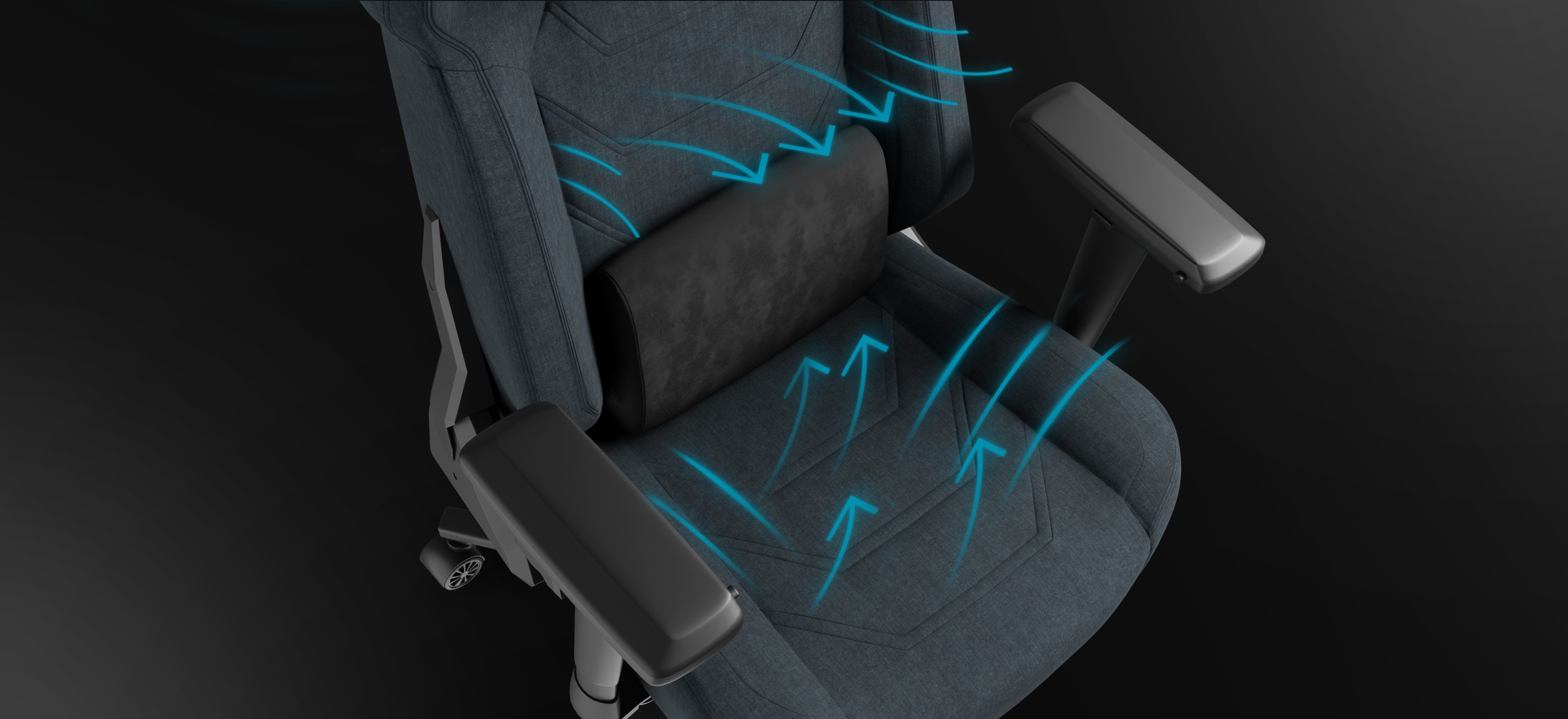 Fauteuil de jeu Genesis Nitro 800 gris, doté d'un design ergonomique et d'un support lombaire, avec des graphiques indiquant la ventilation.