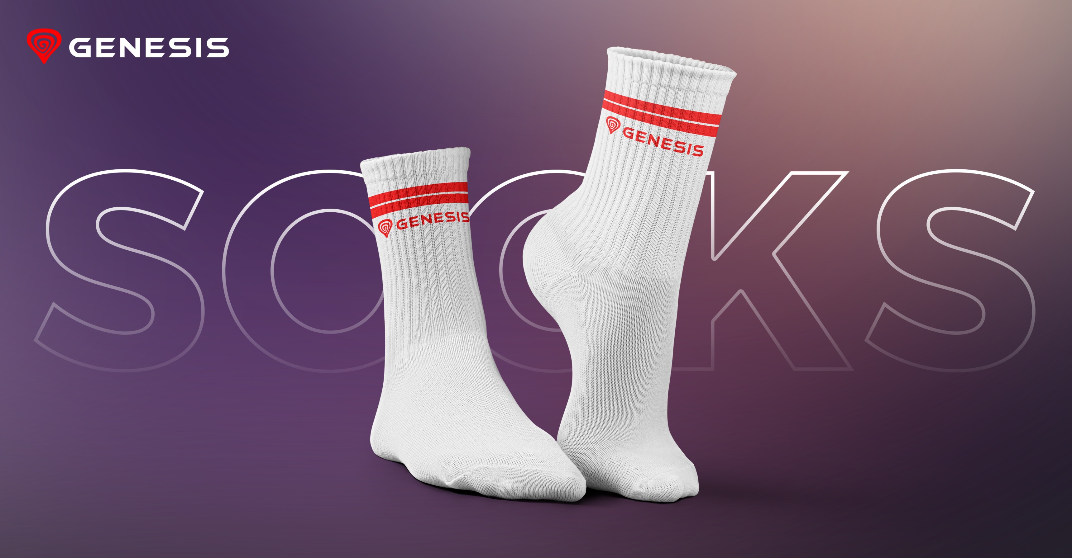 Chaussettes de sport blanches étiquetées "GENESIS" avec des bandes rouges, conçues pour les tailles 35-38.