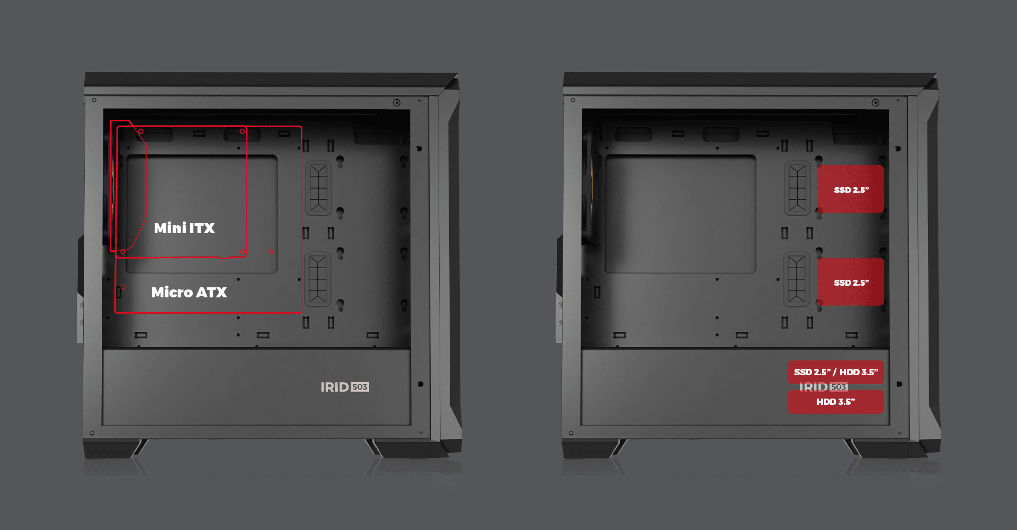 Boîtier d'ordinateur mini tour noir avec verre trempé, montrant l'agencement interne pour les cartes mères Mini ITX et Micro ATX.