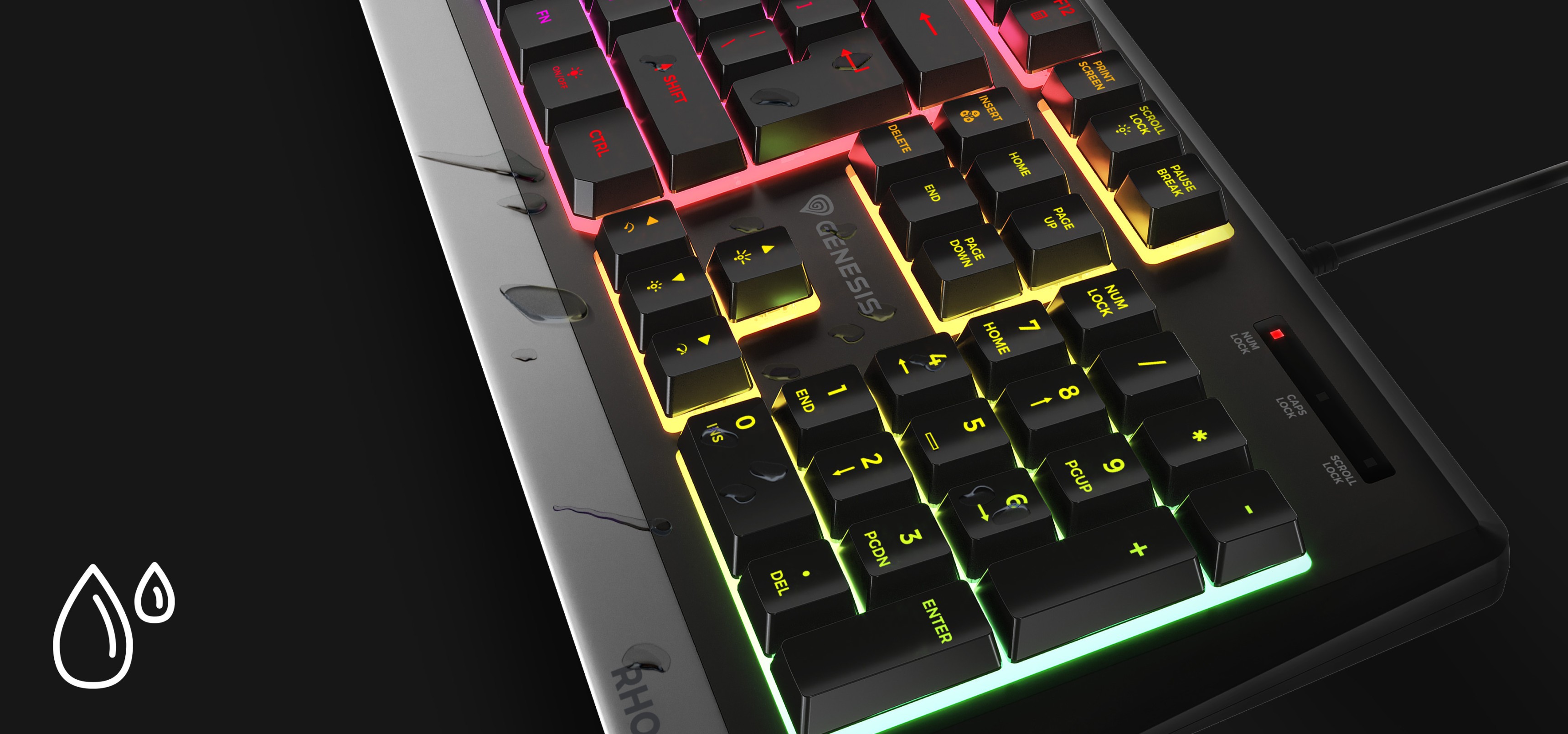 Clavier de jeu RVB avec rétroéclairage personnalisable, doté d'un design élégant et de touches résistantes à l'eau.