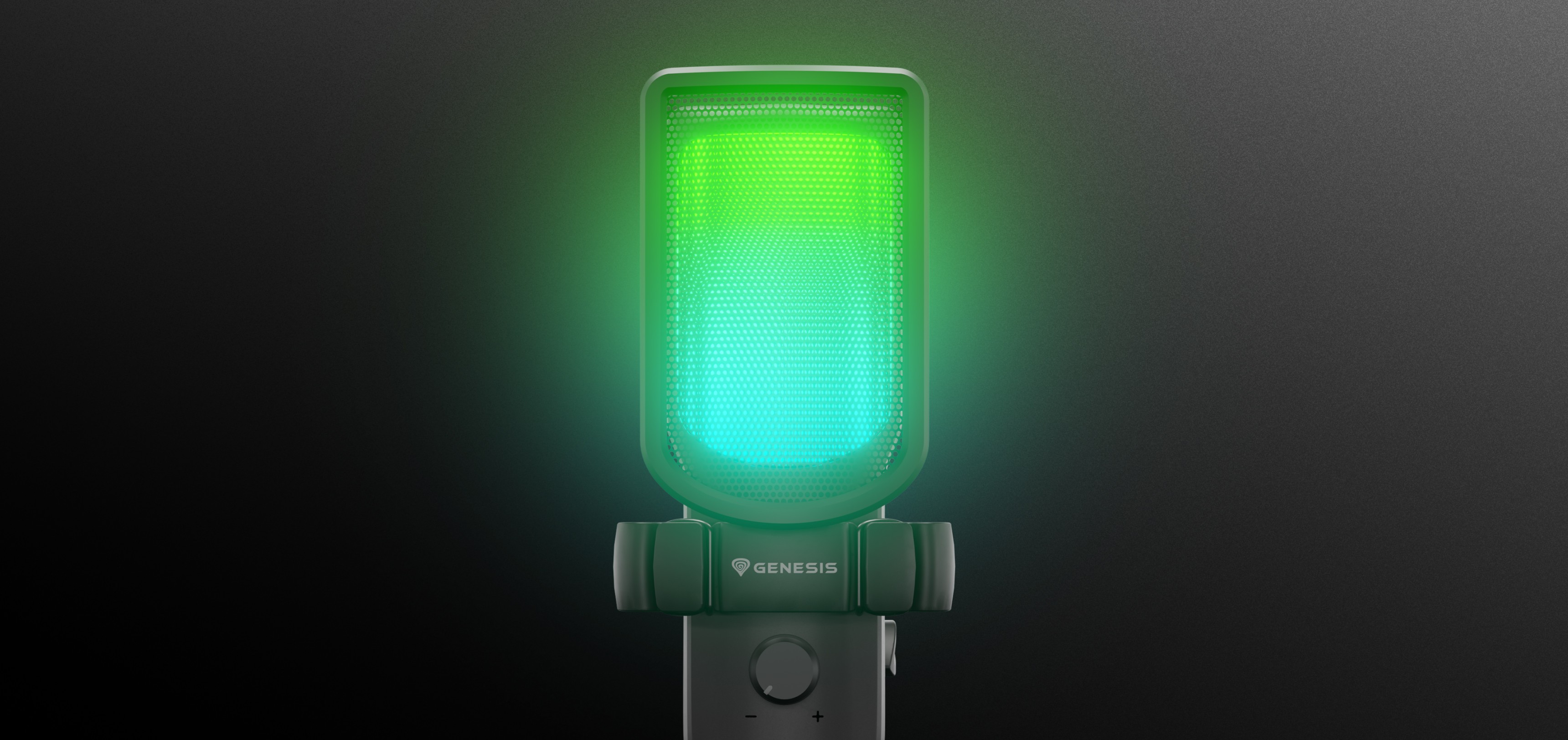 Microphone USB noir avec un effet lumineux vert et bleu vibrant, doté d'un support solide.