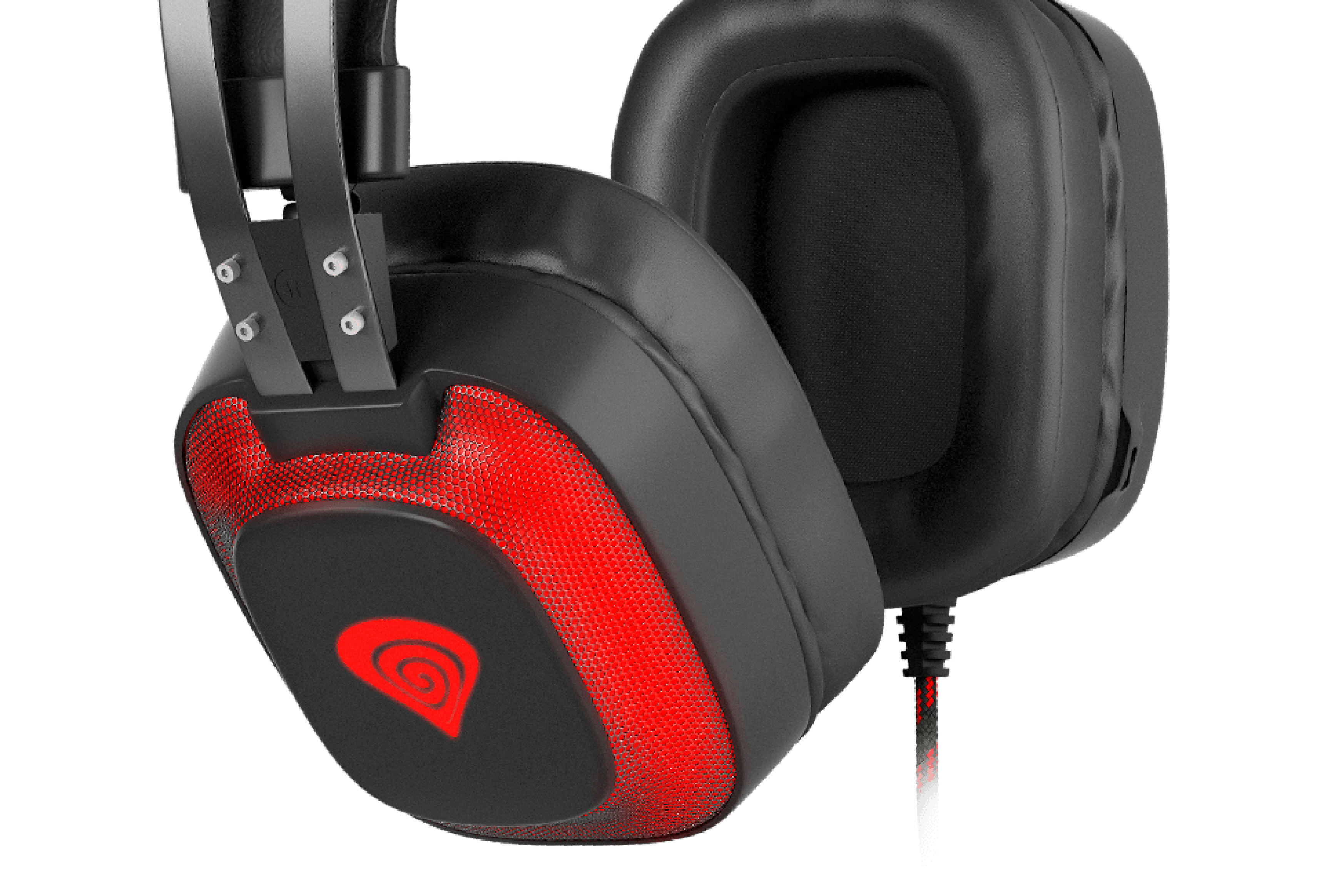 Casque de jeu Genesis Radon 720 7.1 noir et rouge avec microphone et connexion USB, doté d'oreillettes éclairées.