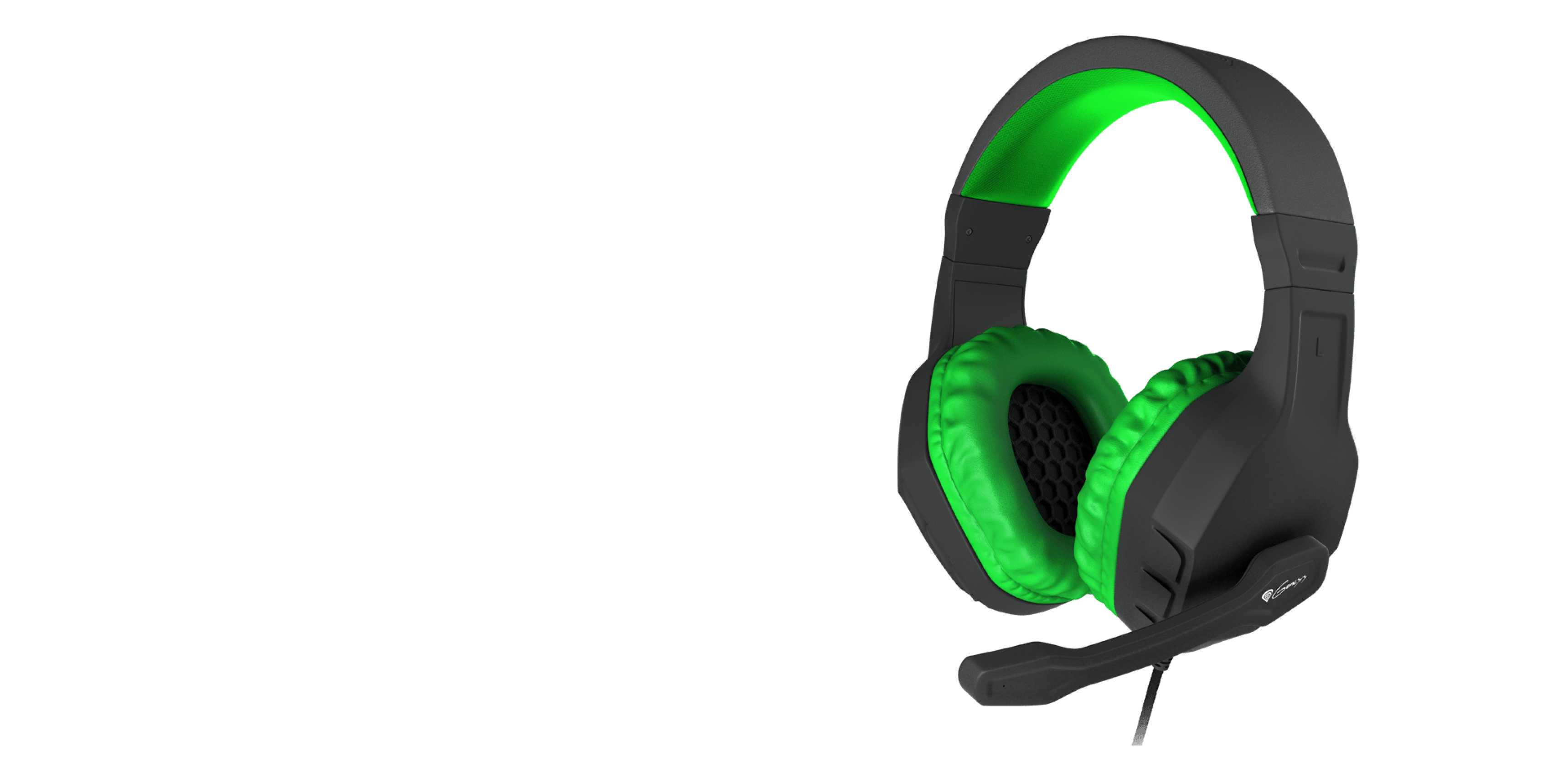Casque supra-auriculaire noir et vert avec un microphone intégré et des coussinets en peluche.