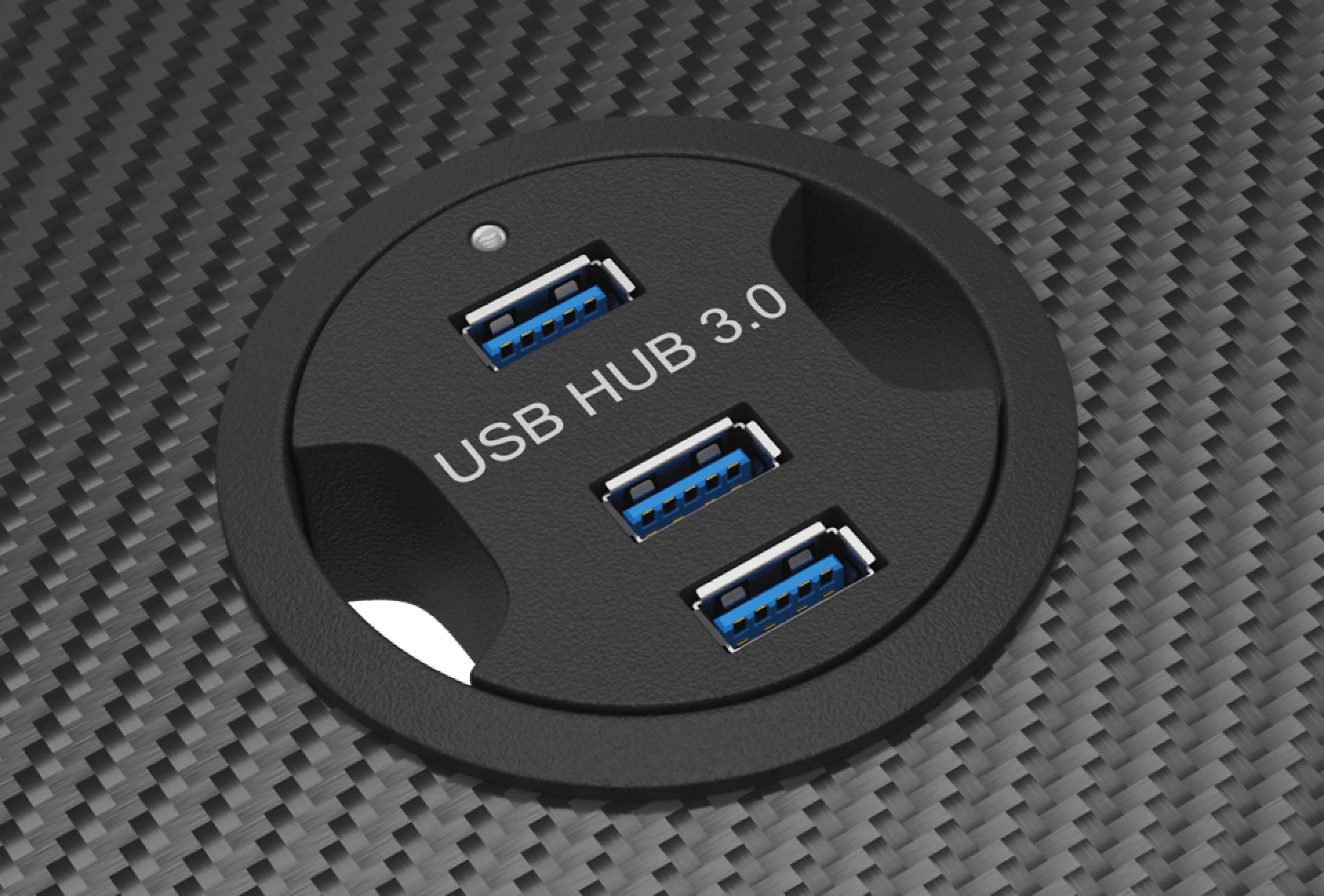 Gros plan d'un hub USB rond doté de trois ports USB 3.0, sur un fond texturé en fibre de carbone.