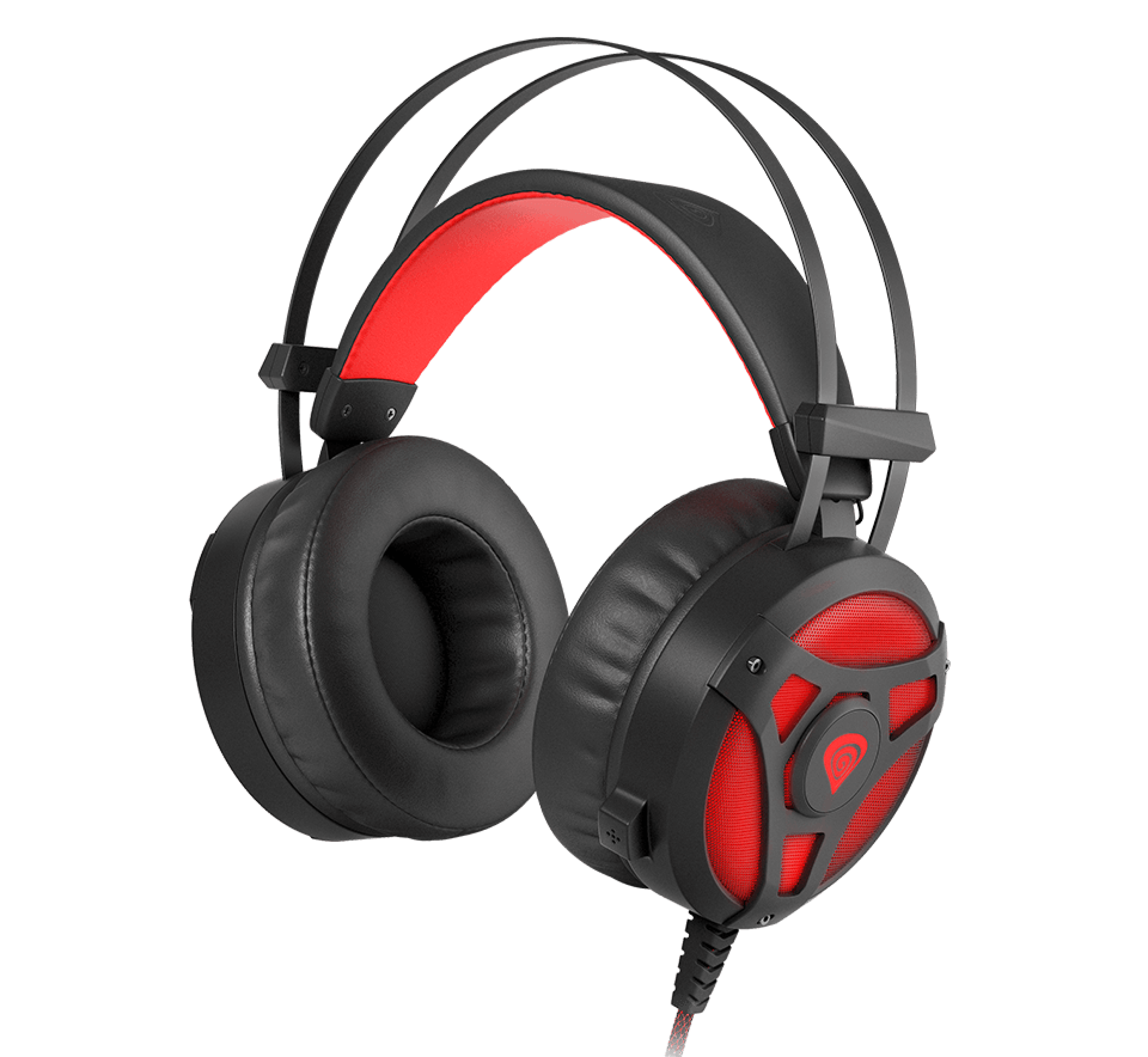 Casque gaming supra-auriculaire noir et rouge avec un microphone et un éclairage LED.
