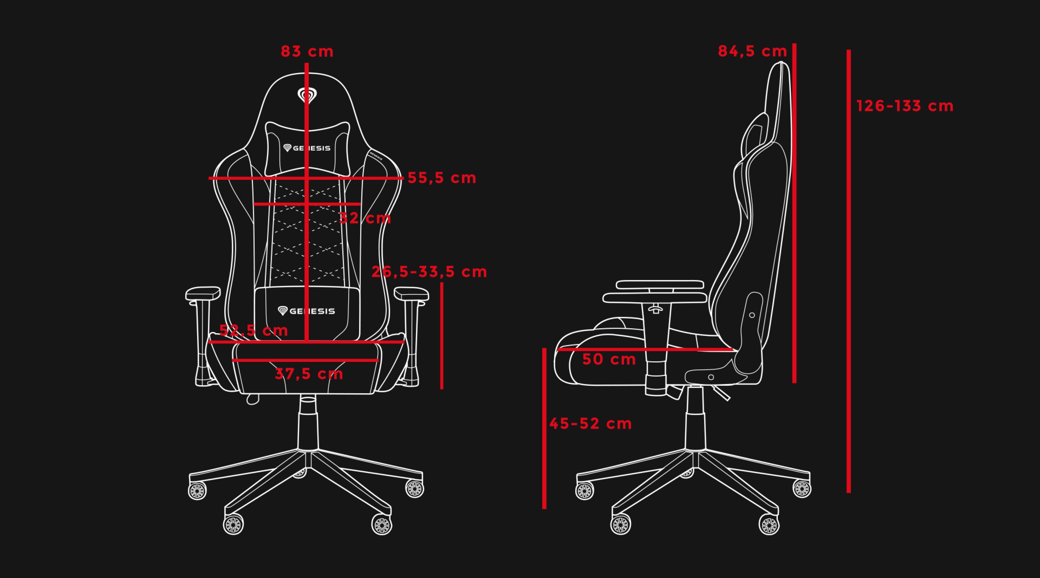 Diagramme détaillant les dimensions du fauteuil de jeu en maille Genesis Nitro 440 G2, montrant les vues de côté et de dos avec des annotations de mesures.