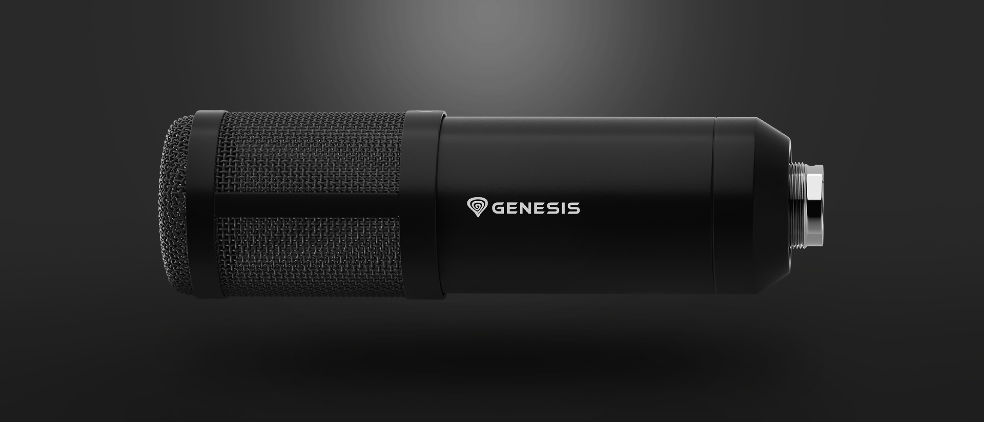 Microphone de studio noir avec une grille en maille et un logo Genesis, conçu pour l'enregistrement audio professionnel.