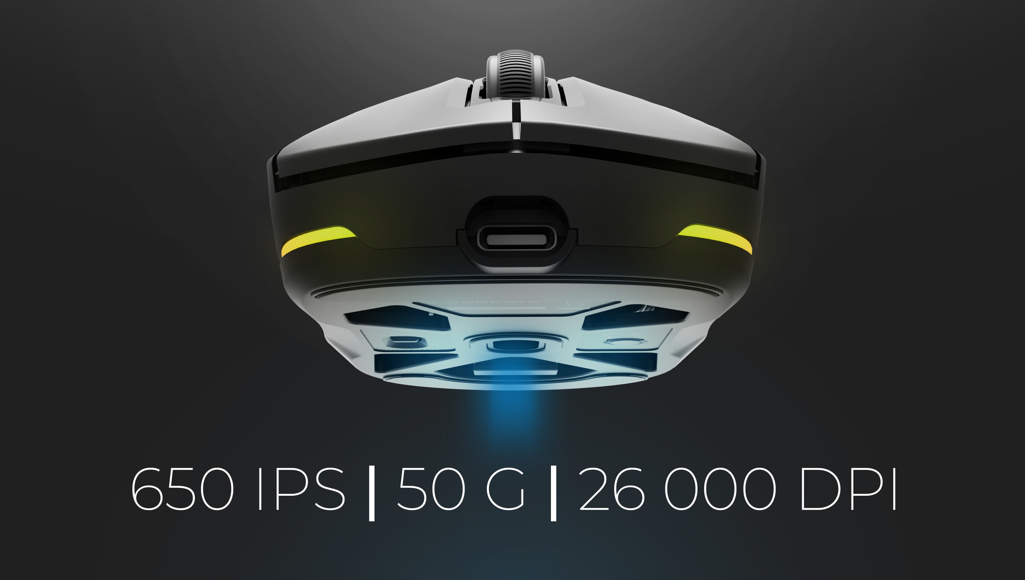 Souris de jeu sans fil au design épuré, mettant en valeur les caractéristiques : 650 IPS, 50 G et 26 000 DPI