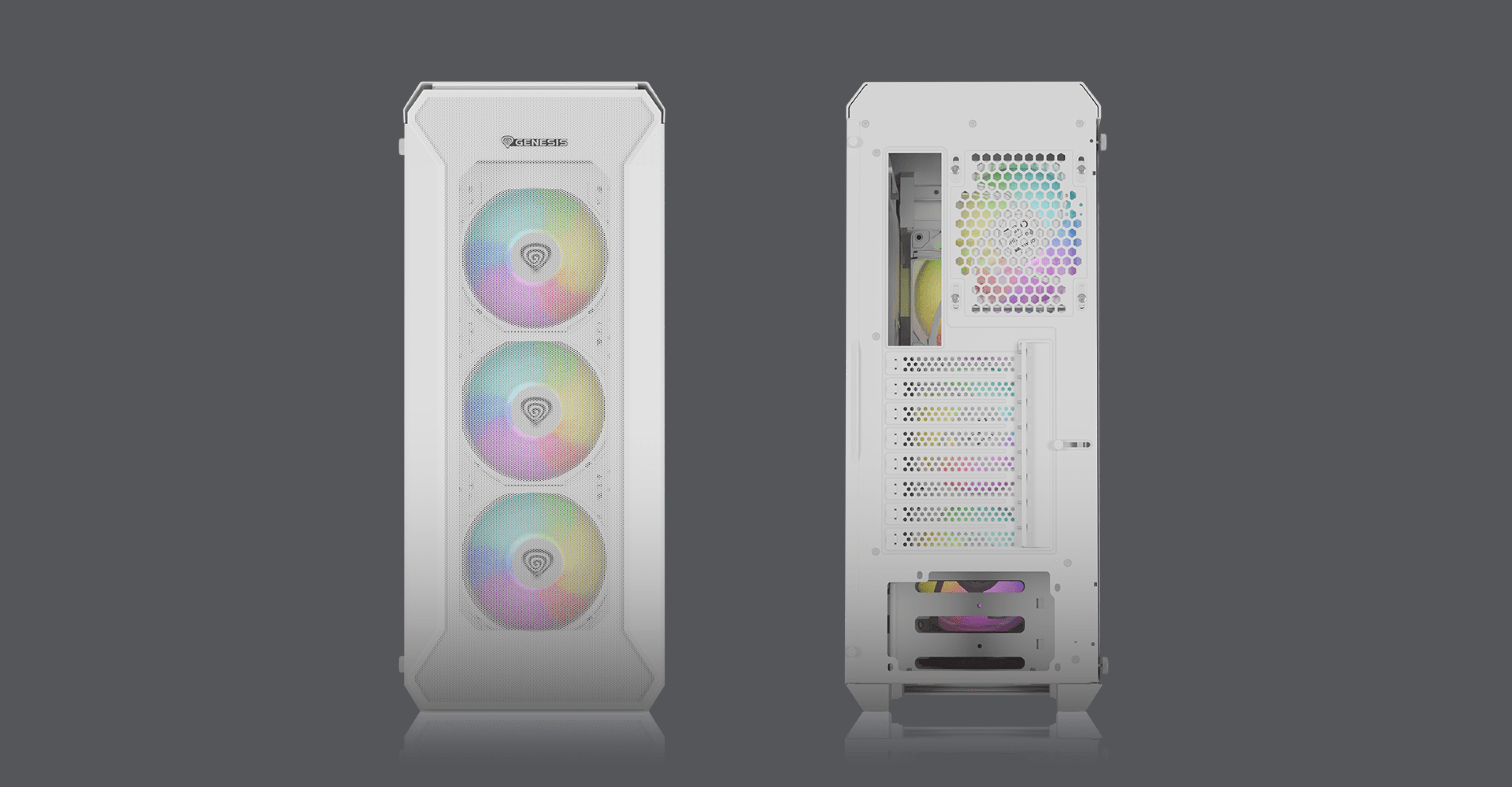 Boîtier PC tour midi Genesis Irid 505 ARGB V2 blanc doté de ventilateurs RVB frontaux et d'un panneau latéral transparent.