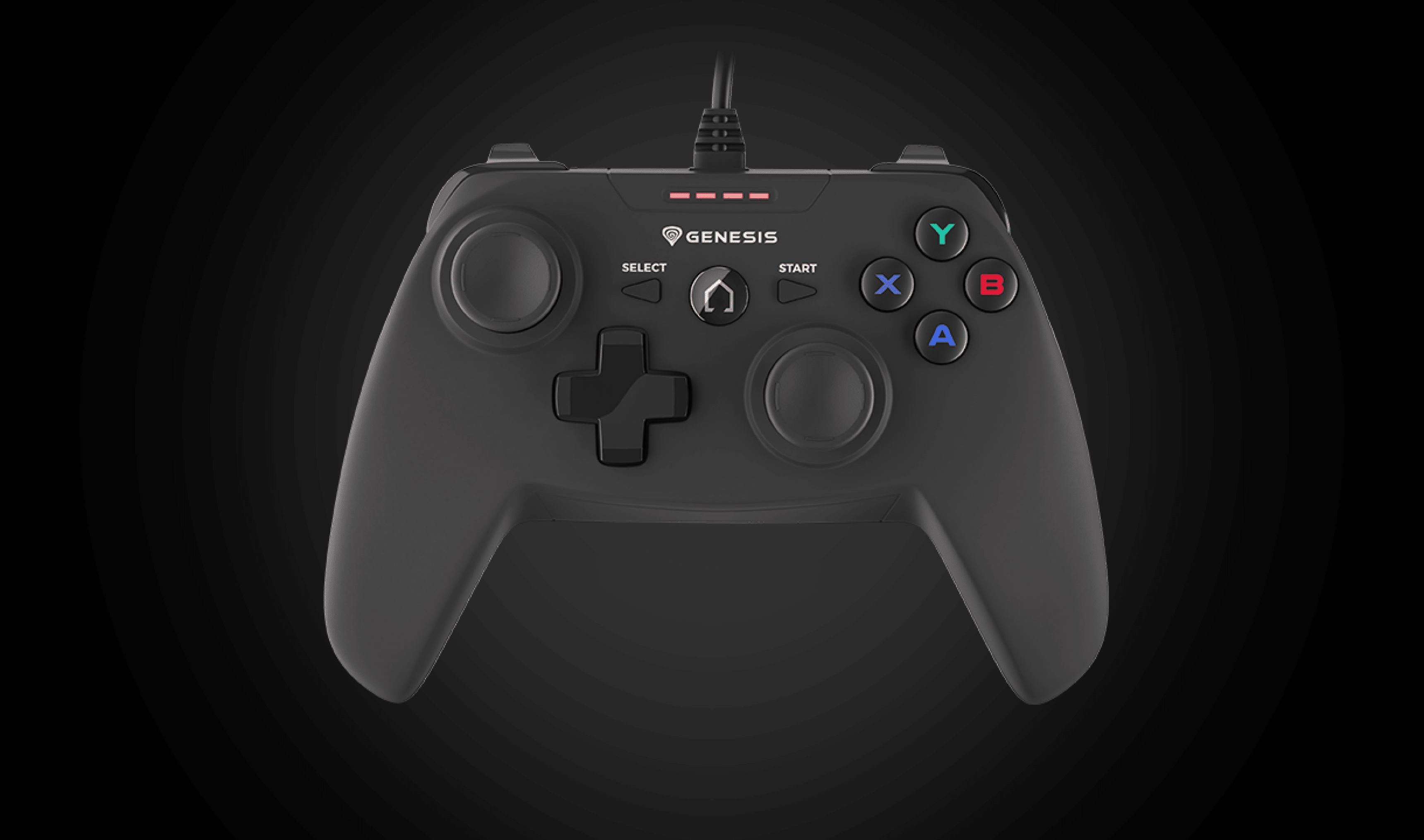 Manette de jeu filaire Genesis Mangan P58 pour PS3/PC avec un design noir élégant et des boutons d'action colorés.
