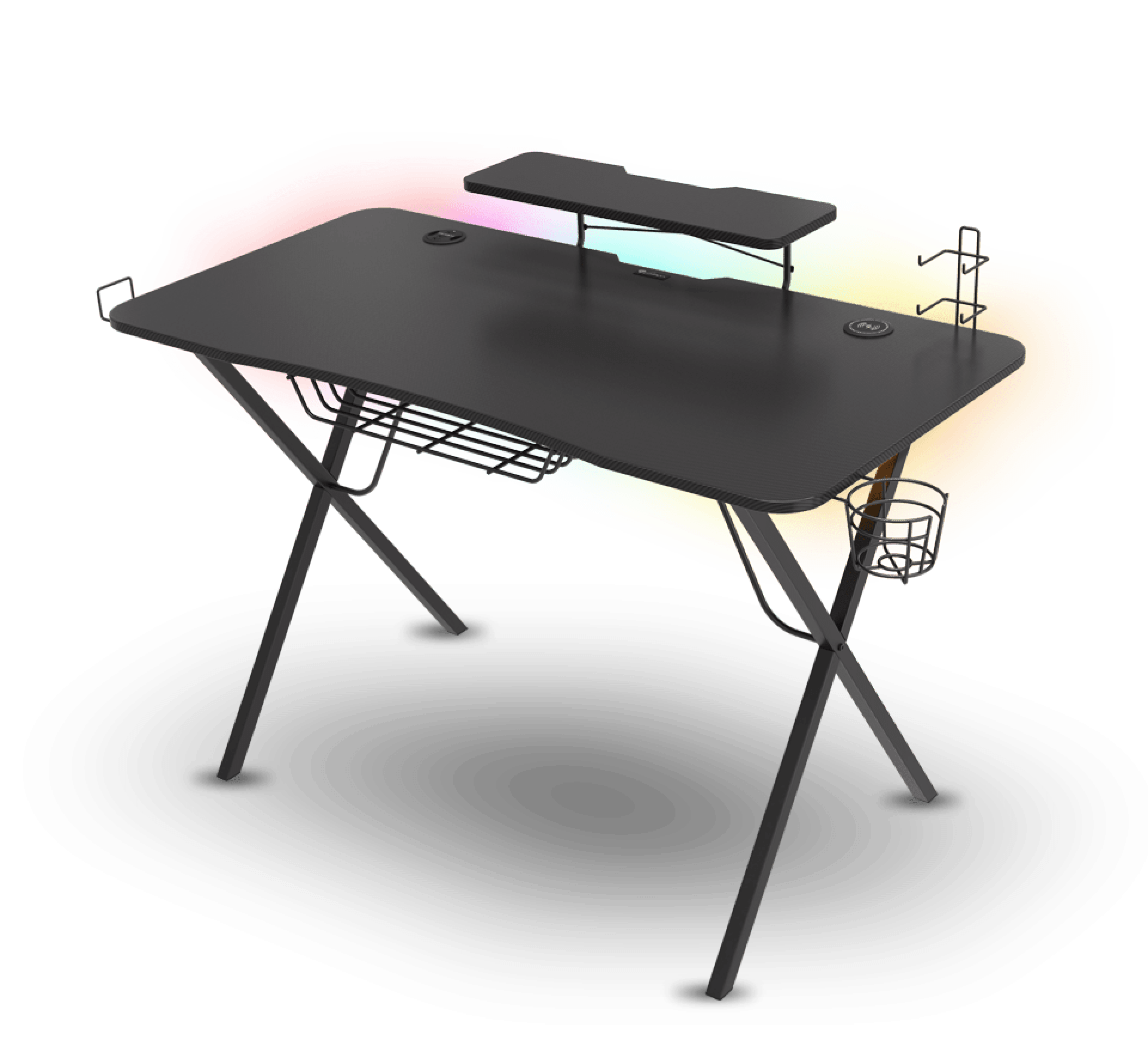 Bureau de jeu avec une finition noire élégante, doté d'un éclairage RVB, d'une étagère pour moniteur, d'une gestion des câbles et de compartiments de rangement latéraux.