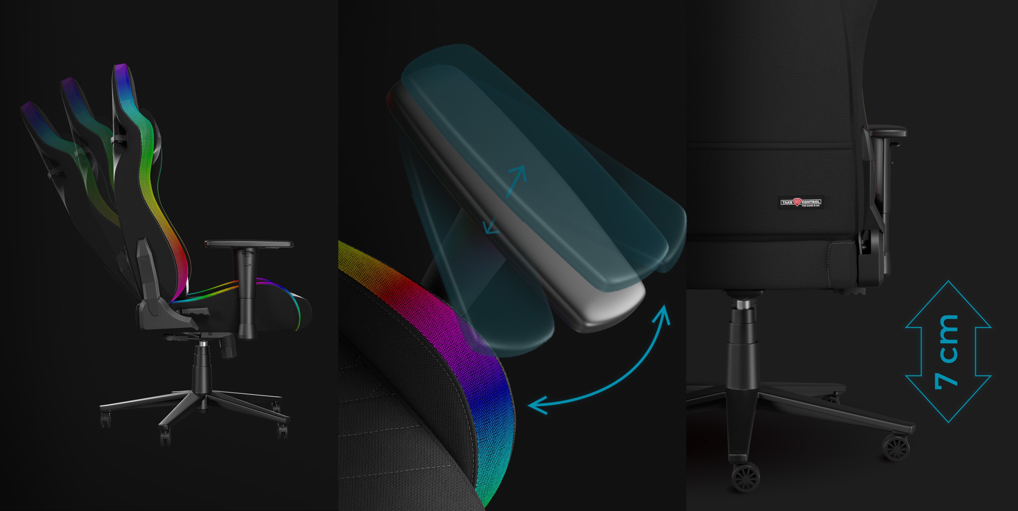 Fauteuil de jeu noir FOTEL GAMINGOWY GENESIS TRIT 660 avec accents RGB, présentant des accoudoirs réglables et des fonctions de hauteur.