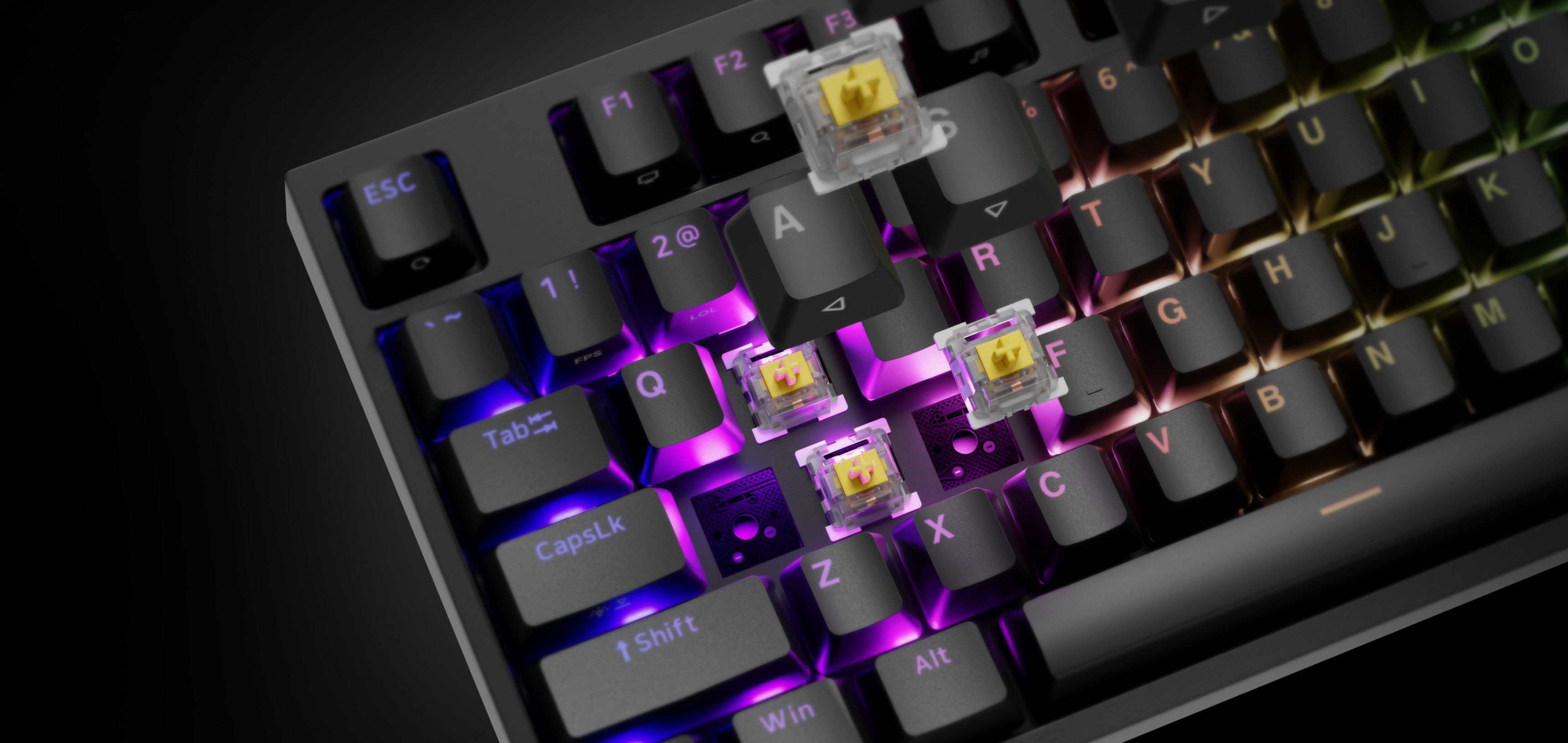 Clavier de jeu mécanique doté d'un rétroéclairage RVB et de commutateurs Gateron Yellow Pro, avec touches surlignées.