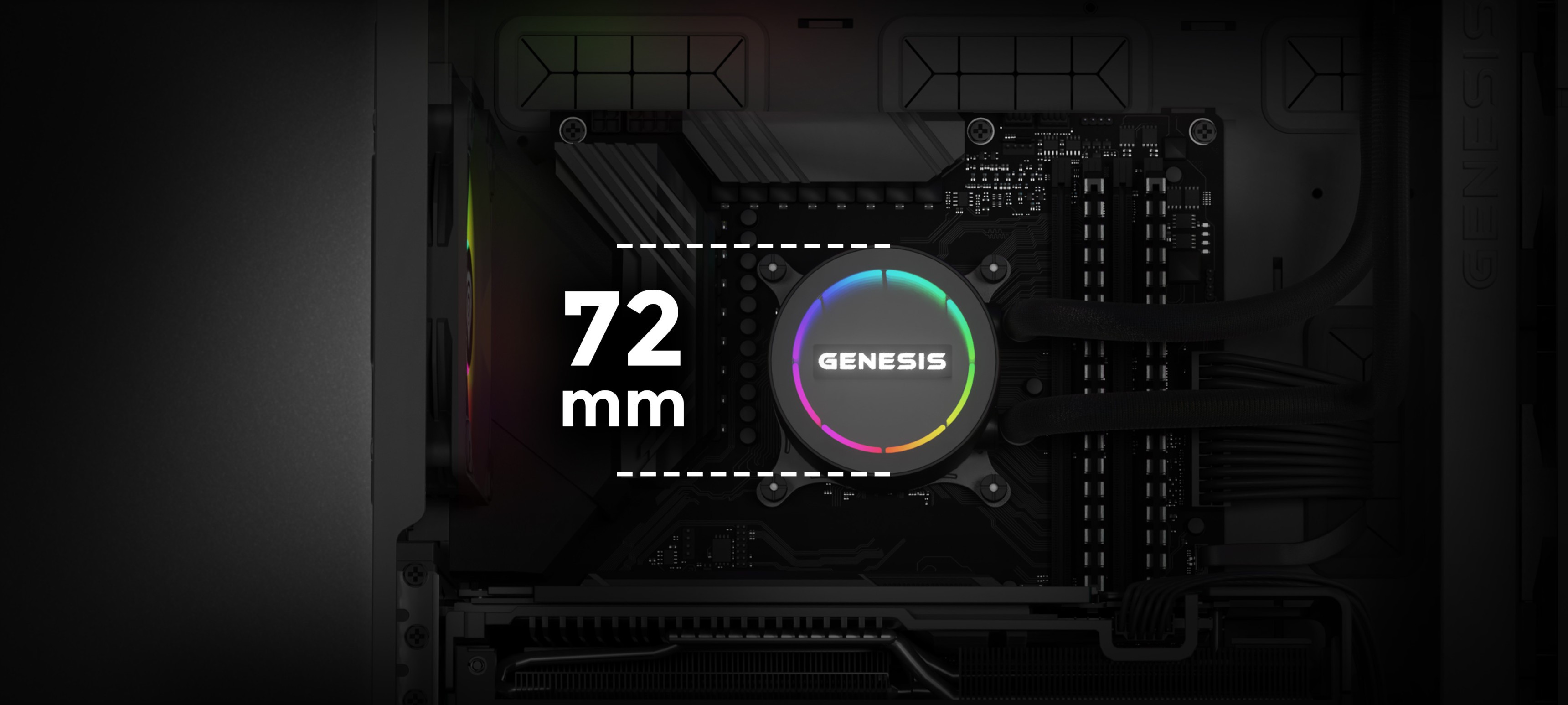 Système de refroidissement à eau Genesis Hydria 360 en noir, présentant une tête de pompe de 72 mm de diamètre avec éclairage RVB sur une carte mère.