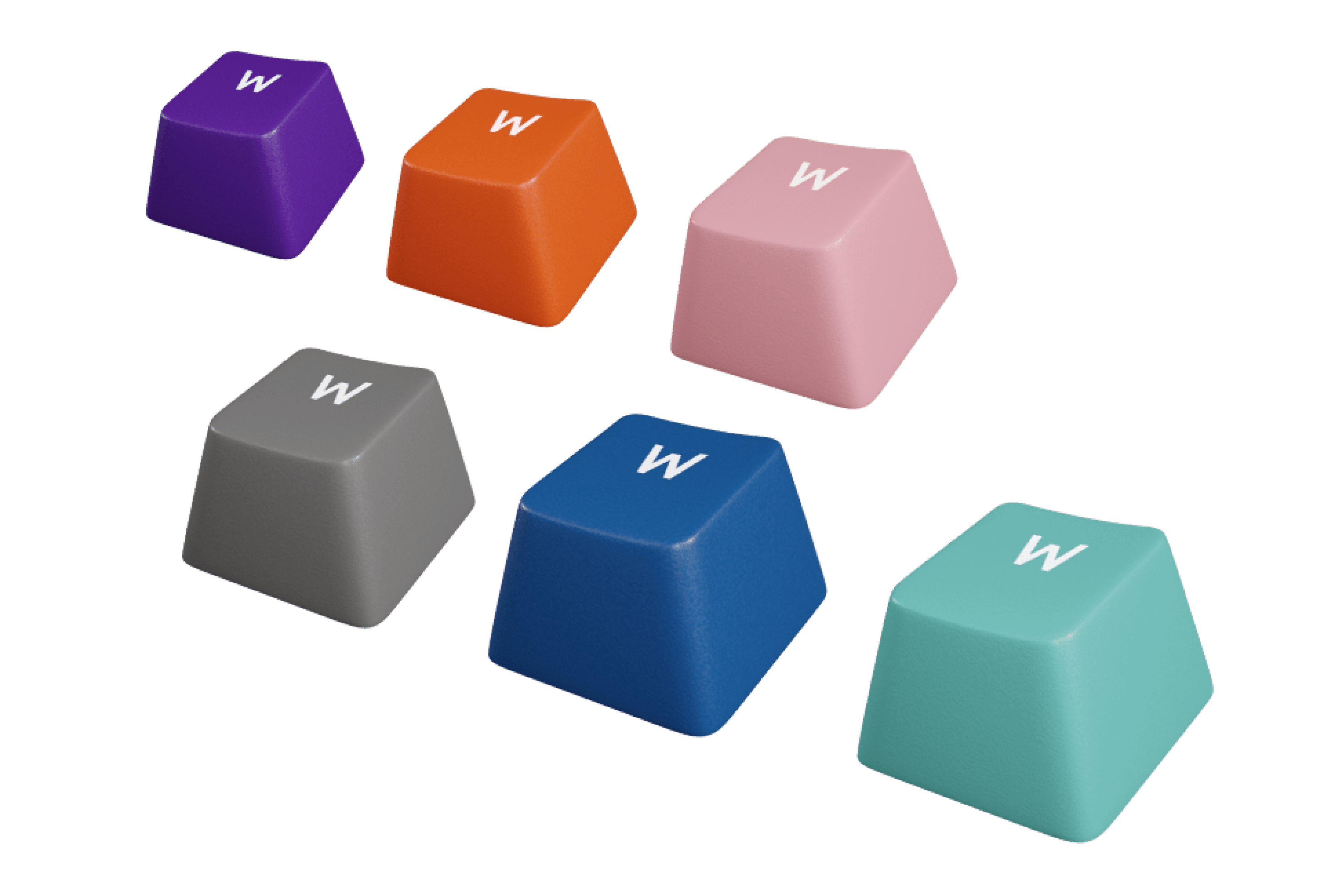Claviers colorés dans différentes teintes, notamment violet, orange, rose, gris, bleu et sarcelle, tous avec un symbole "W" blanc.