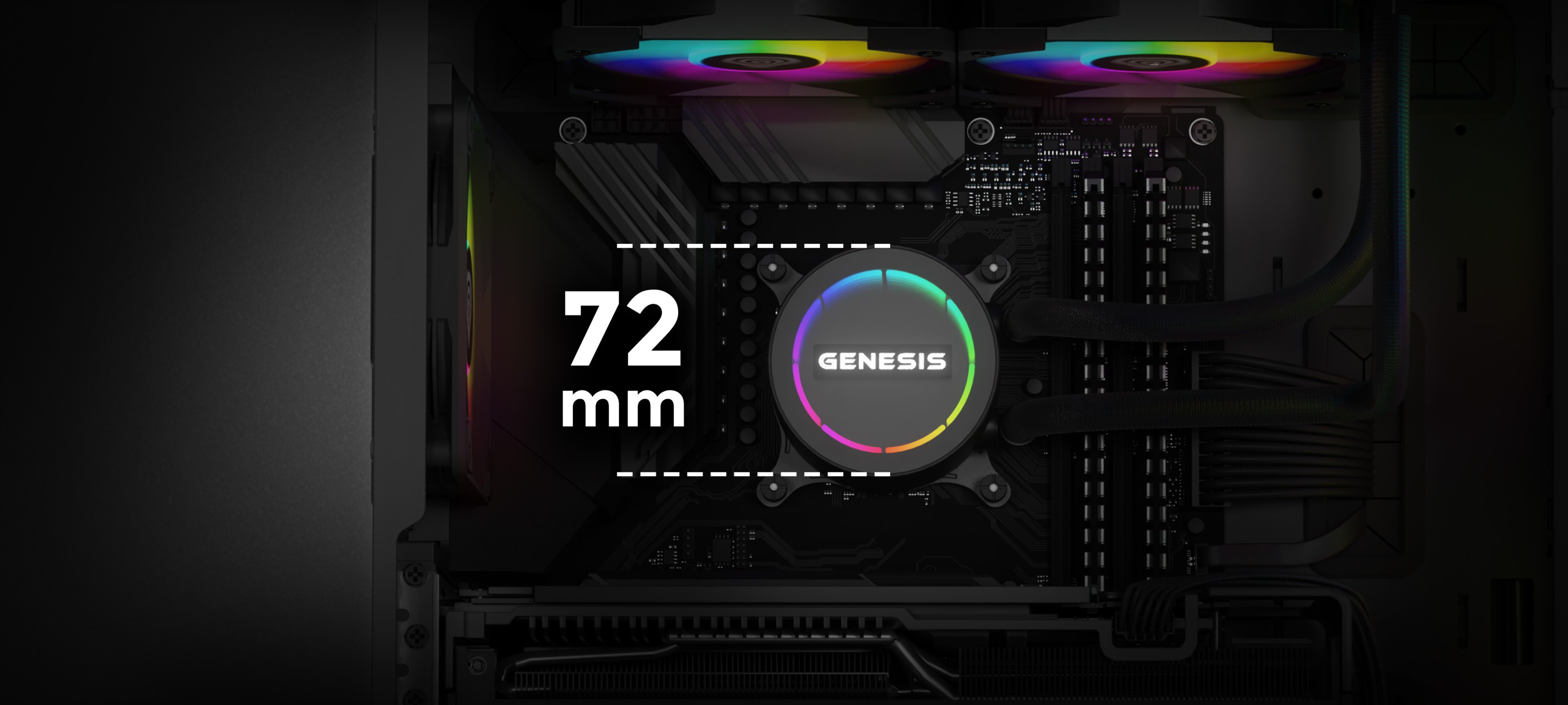 Gros plan sur le système de refroidissement à eau Genesis Hydria 240 ARGB, doté d'une pompe de 72 mm et d'un éclairage RVB à l'intérieur d'un boîtier de PC.