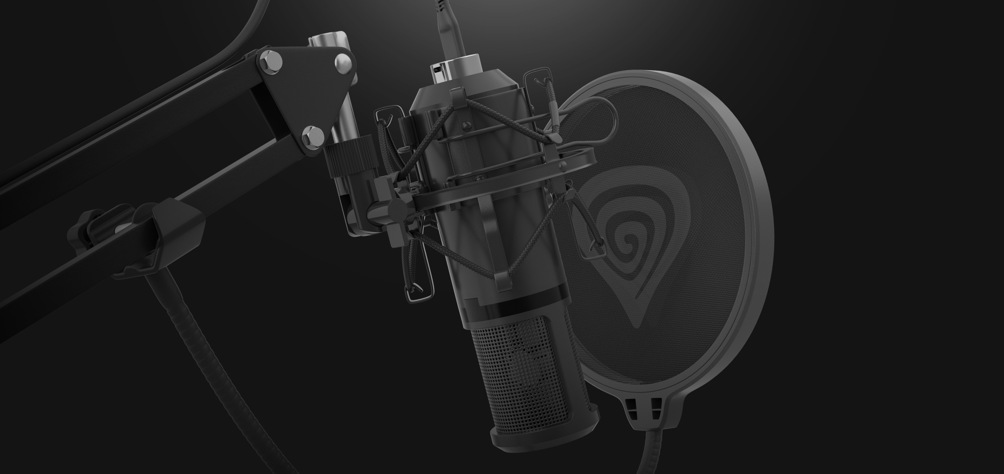 Microphone USB professionnel avec filtre anti-pop, monté sur un bras réglable sur un fond sombre.