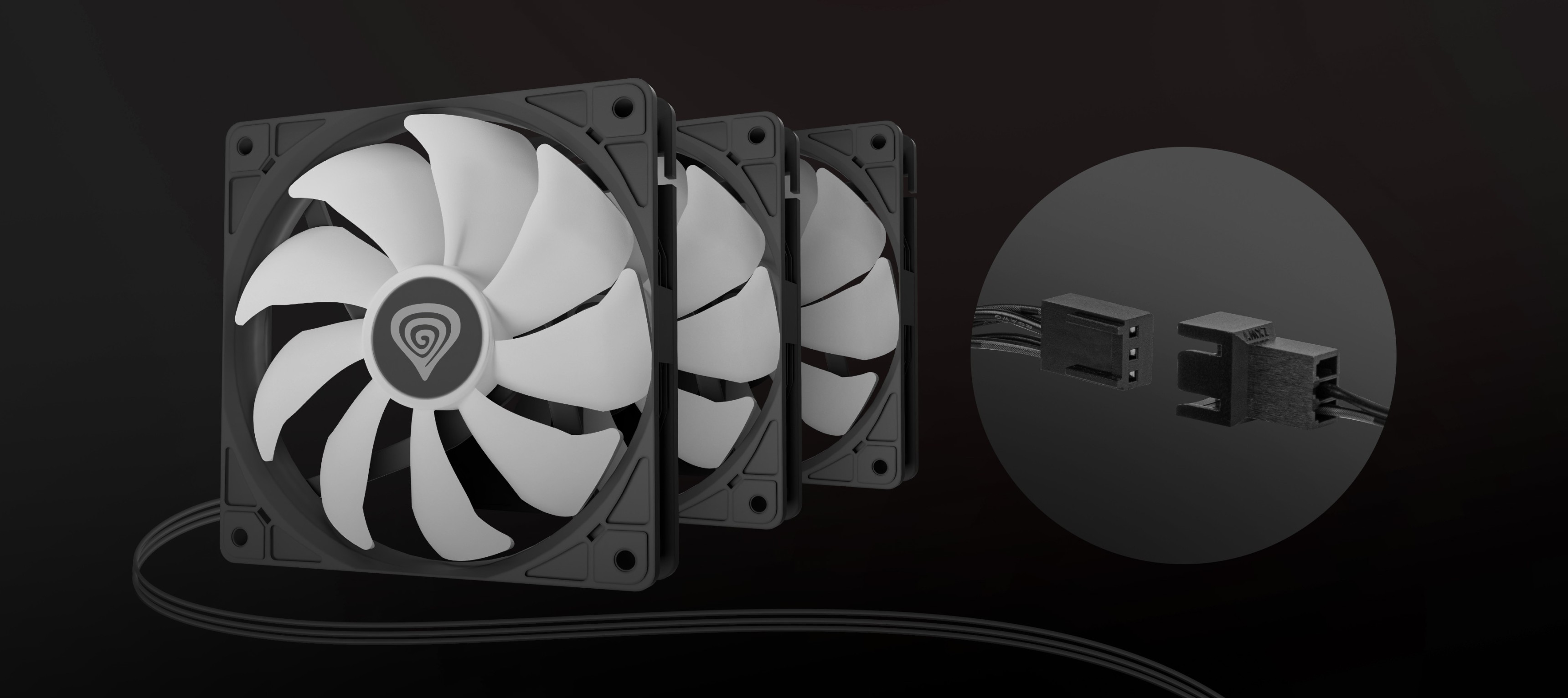 Ensemble de ventilateurs RVB noirs présentant trois ventilateurs de 120 mm avec des pales blanches et un gros plan de leurs connecteurs.