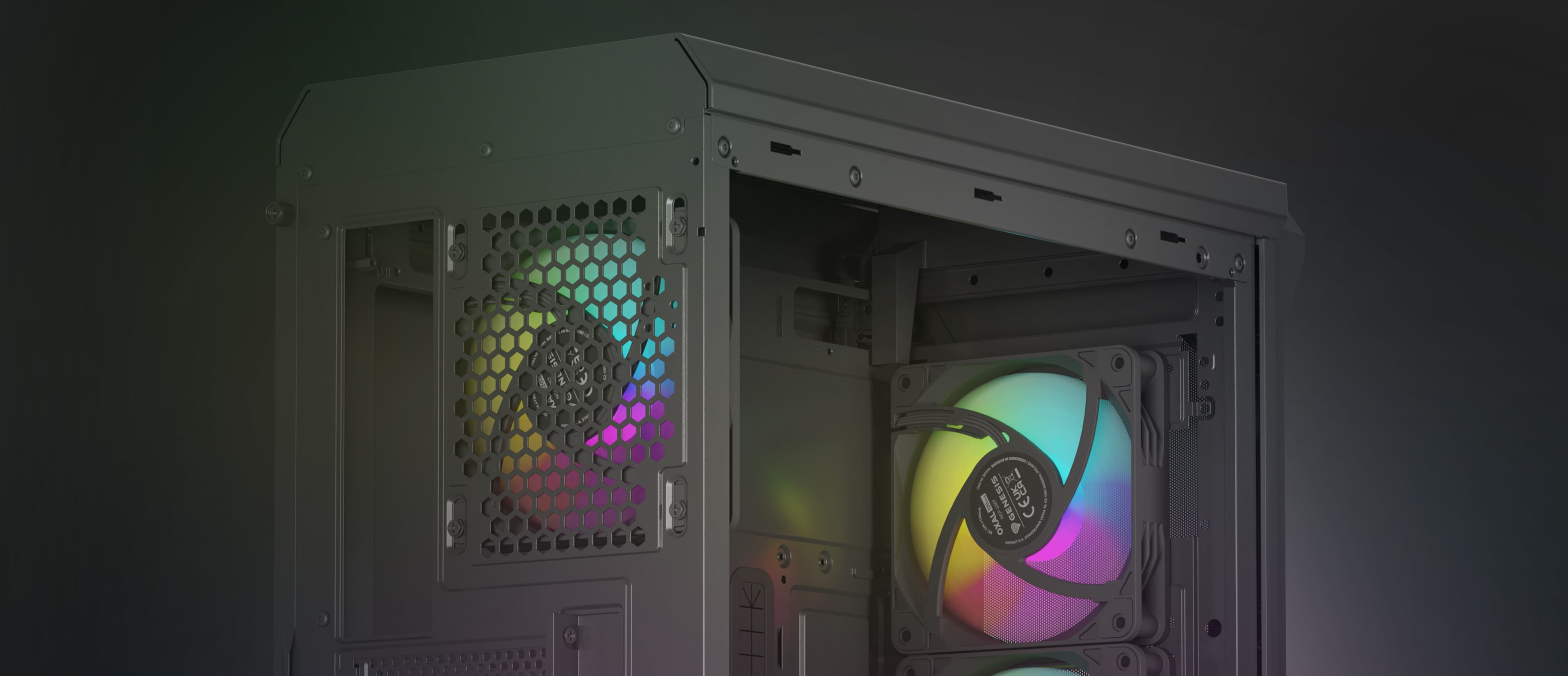 Ventilateur noir ARGB avec éclairage coloré installé dans un boîtier d'ordinateur, mettant en valeur un design élégant et un éclairage vibrant.