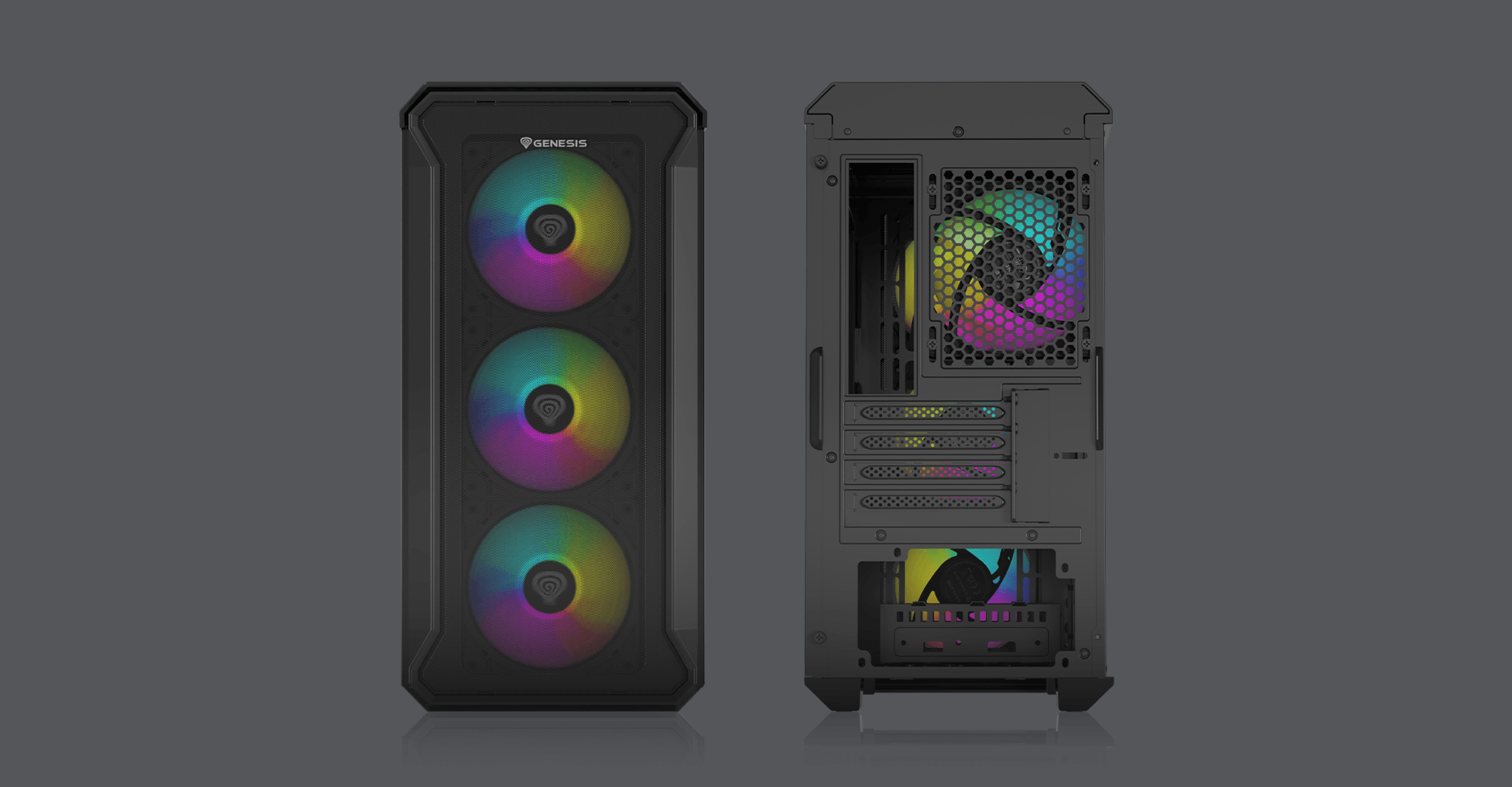 Boîtier mini tour MATX noir avec un panneau latéral transparent et trois ventilateurs ARGB, mettant en valeur des effets de lumière vibrants.