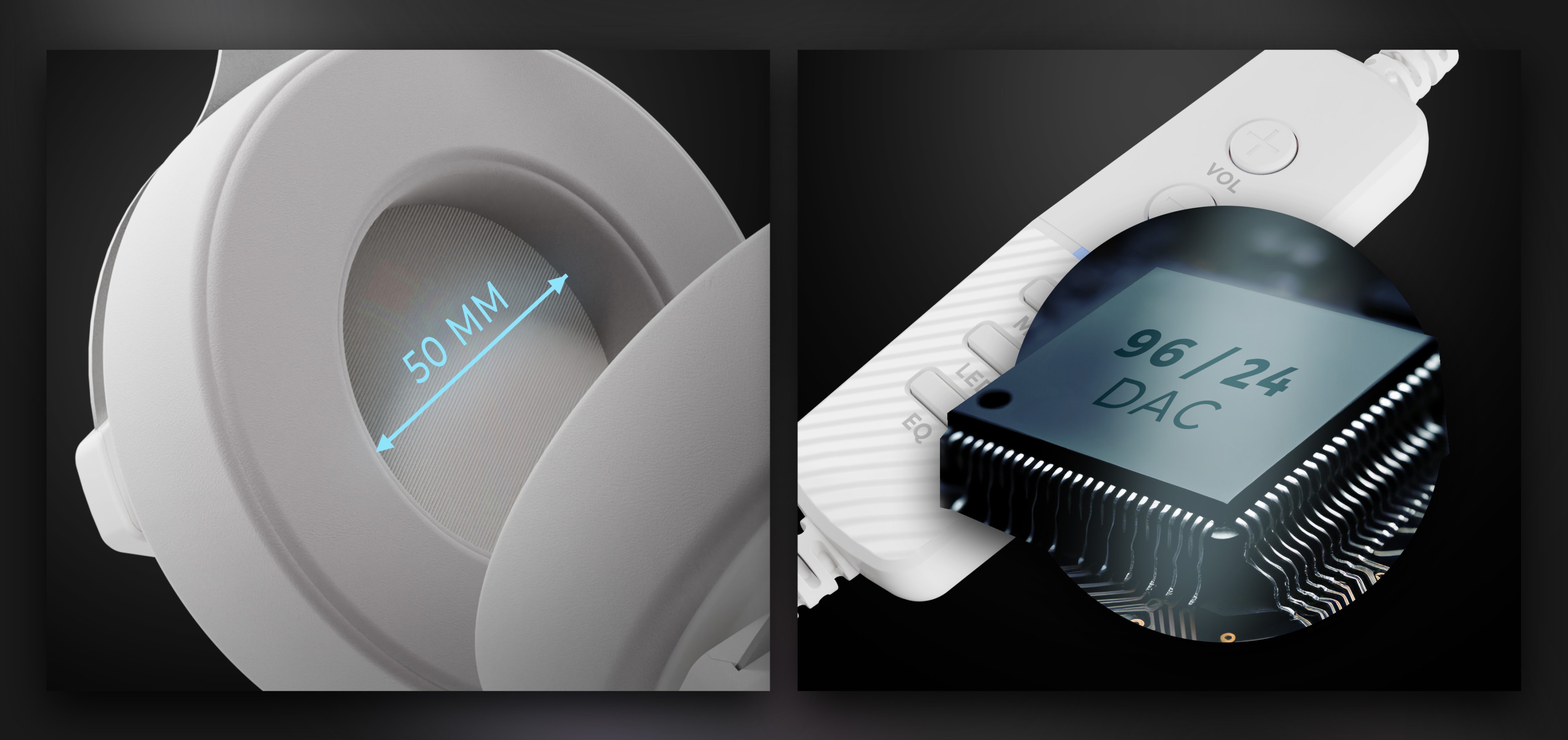 Gros plan sur le casque Genesis Neon 764 RGB montrant un haut-parleur de 50 mm et un composant DAC pour un son de haute qualité.