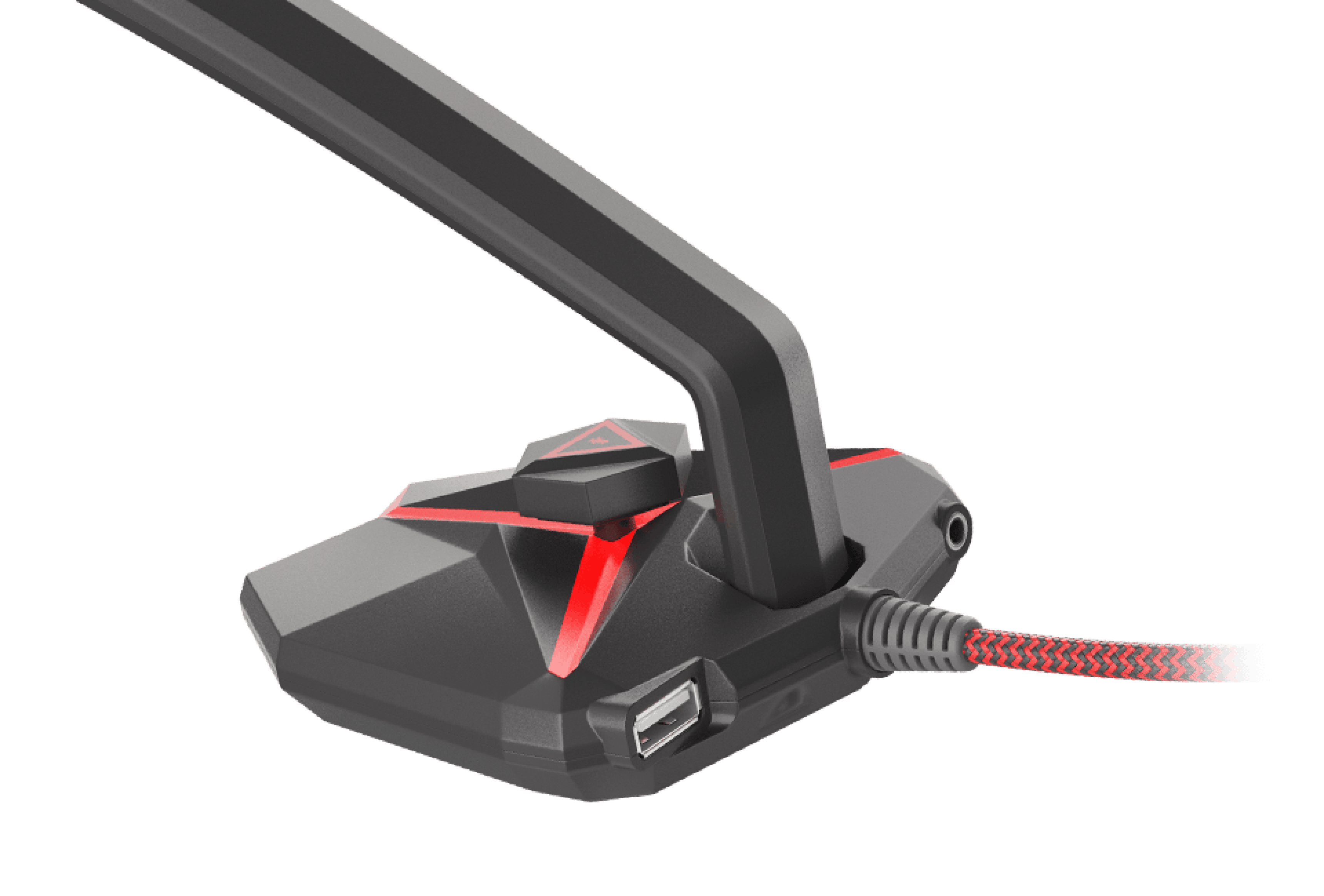Gros plan sur le microphone Genesis Radium 200 au design épuré, doté d'un accent rouge et d'un bras flexible.