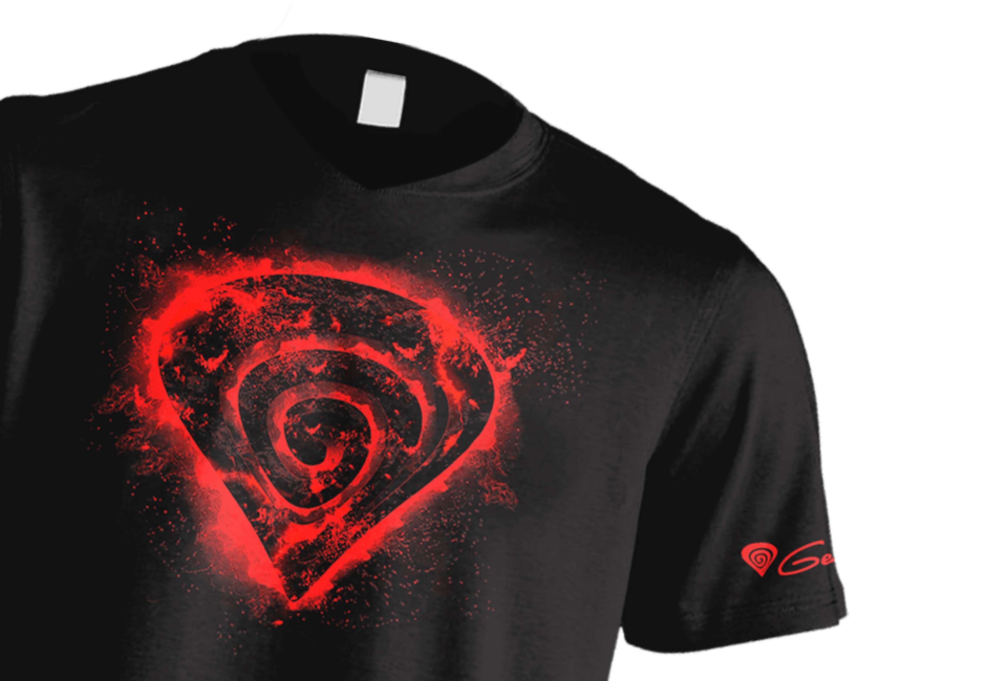 T-shirt noir de taille S comportant un grand motif en spirale rouge sur le devant et le logo Genesis sur la manche.