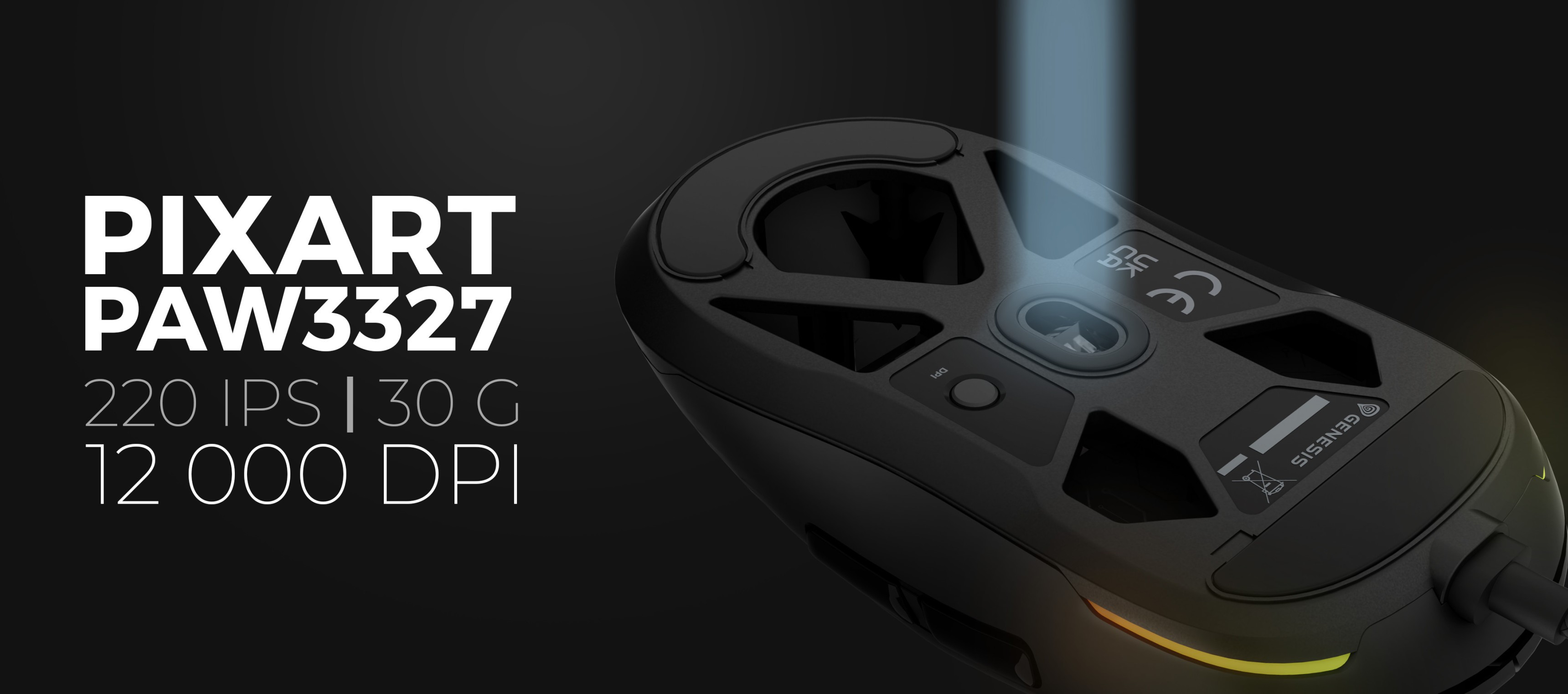 Souris de jeu RGB noire avec capteur PixArt PAW3327, dotée d'un DPI réglable jusqu'à 12 000 et de boutons personnalisables.