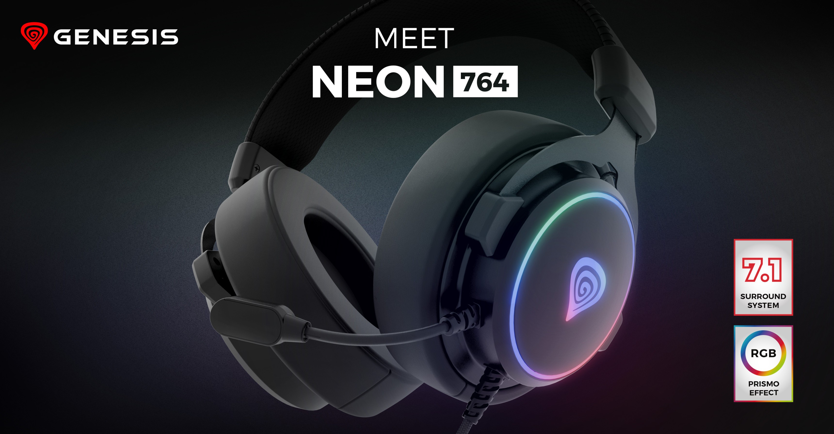 Casque d'écoute Genesis Neon 764 RGB noir avec microphone, doté d'un éclairage coloré et d'un design élégant.
