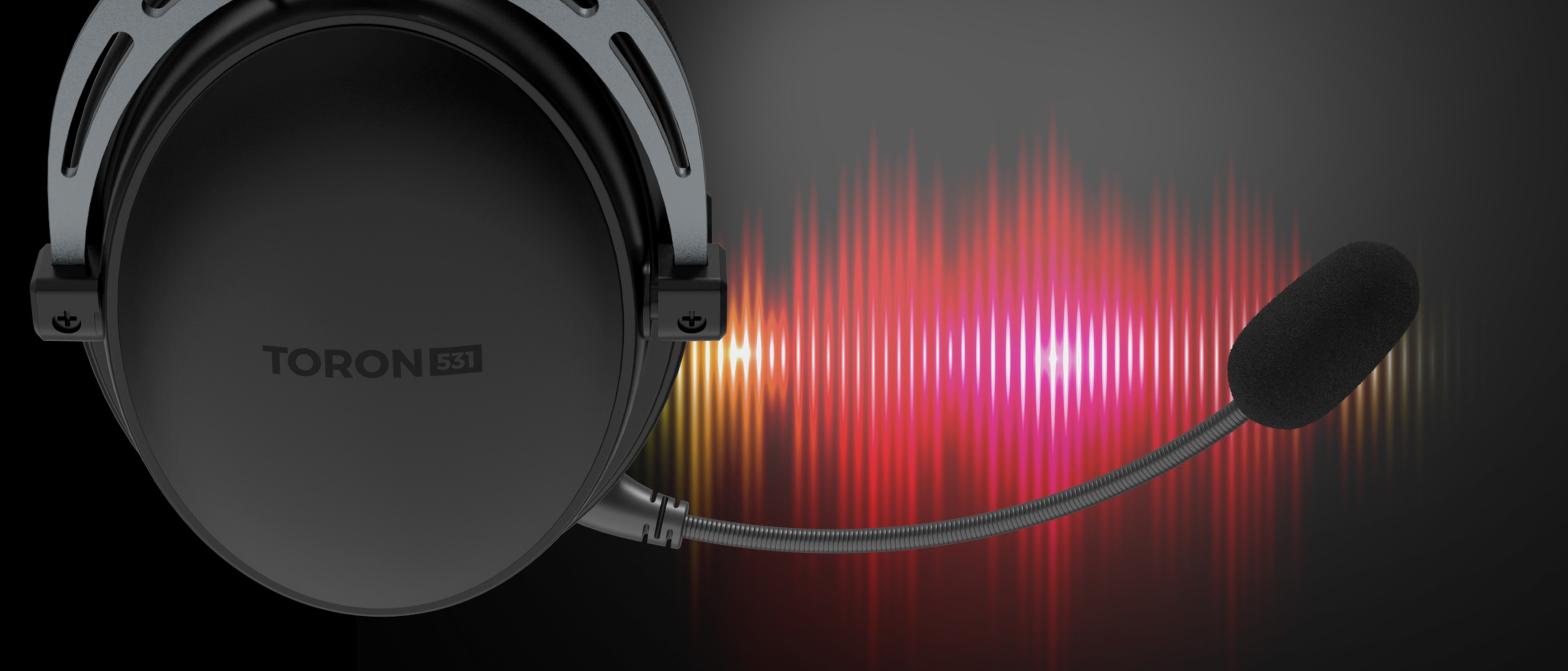 Casque d'écoute supra-auriculaire Genesis Toron 531 noir avec un microphone et un graphique d'ondes sonores coloré.