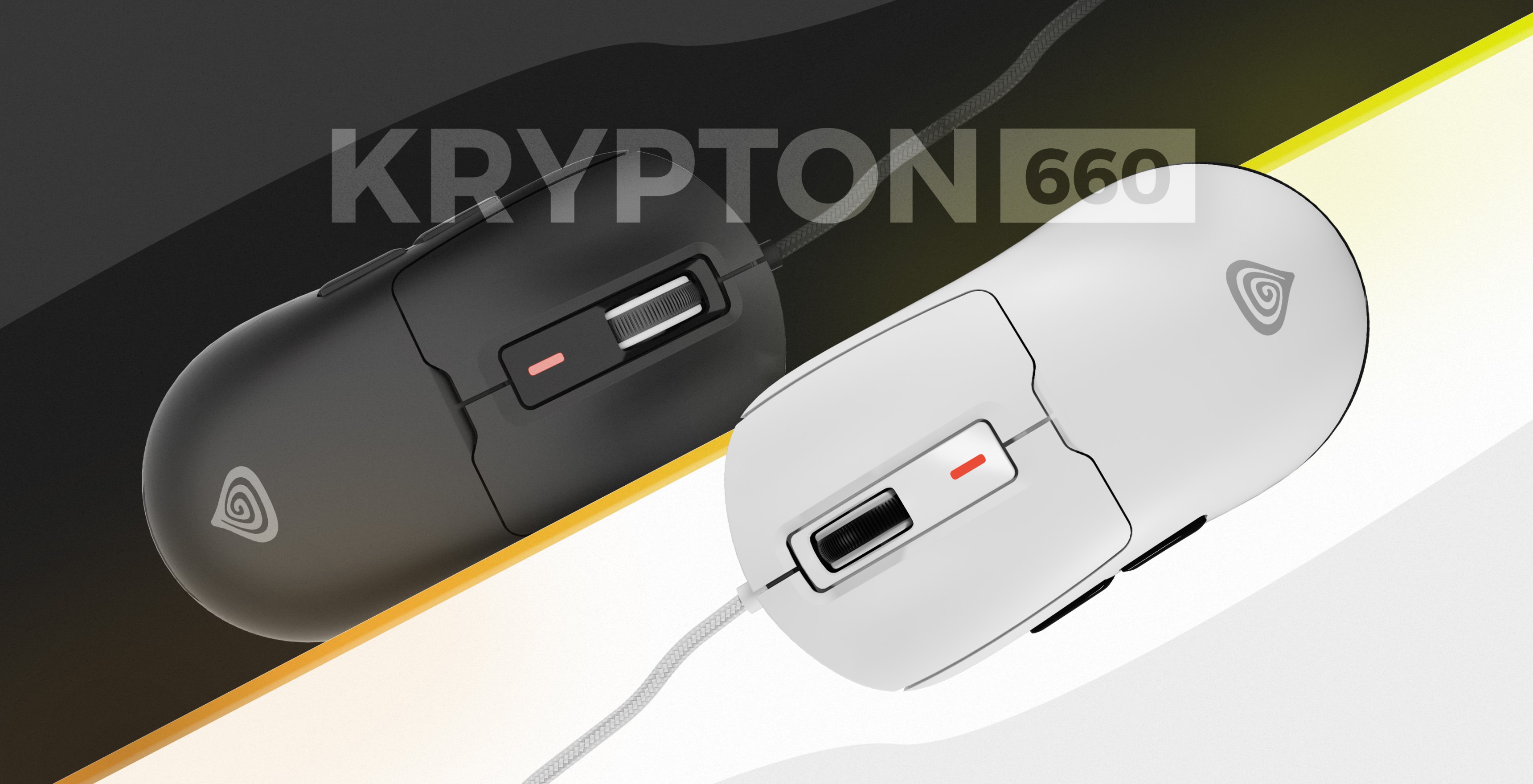 Souris de jeu noires et blanches, Genesis Krypton 660, dotées de boutons programmables et d'un éclairage RVB.