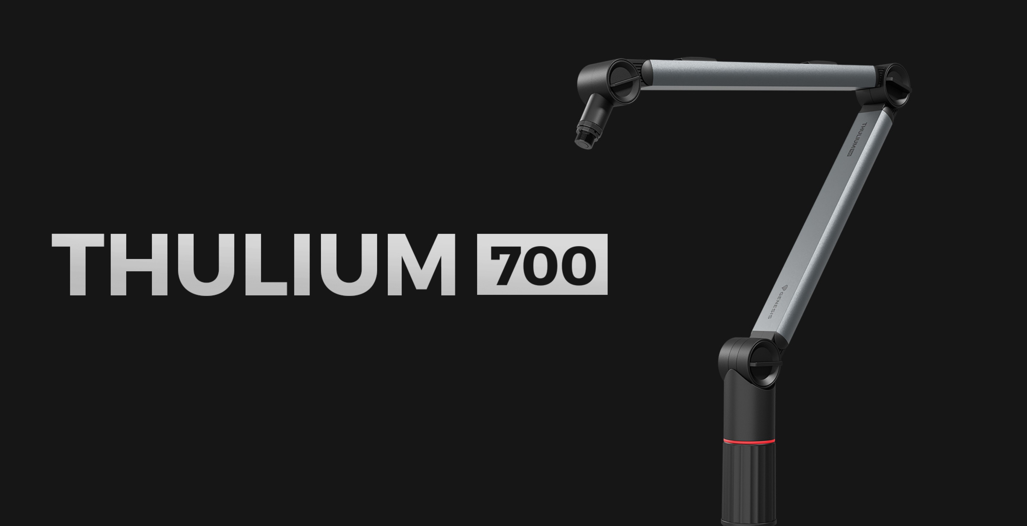 Bras de microphone conçu pour le Genesis Thulium 700, doté d'une construction réglable et robuste sur fond sombre.