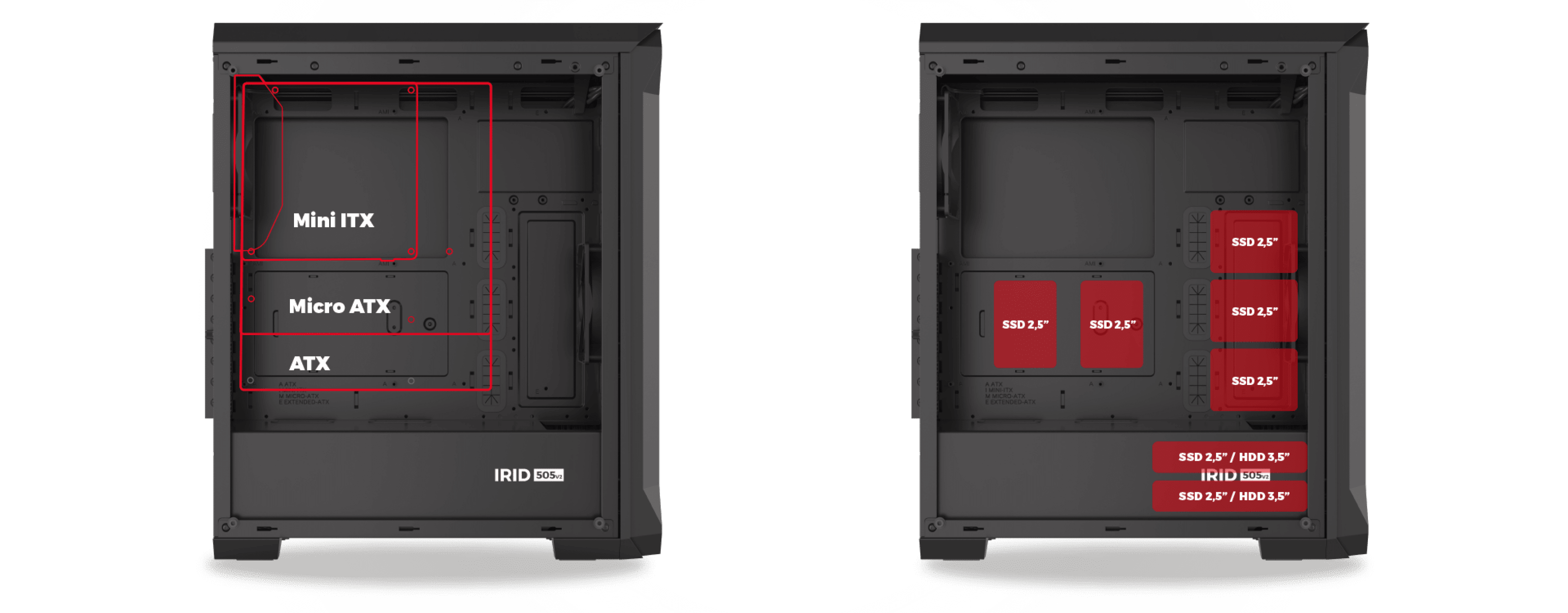 Boîtier tour MIDI Genesis IRID 505 V2 noir avec fenêtre, doté d'emplacements délimités pour les cartes mères Mini ITX, Micro ATX et ATX.